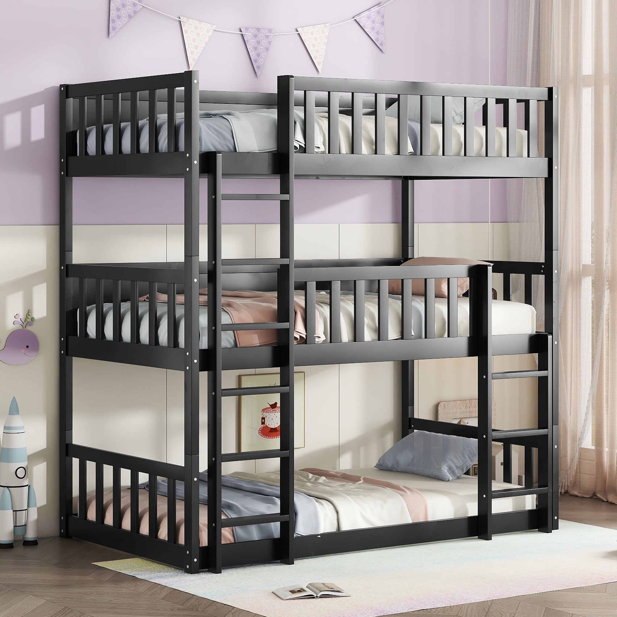 Black Twin Size Triple Rubber Wood Bunk Bed with Ladders and Detachable Design