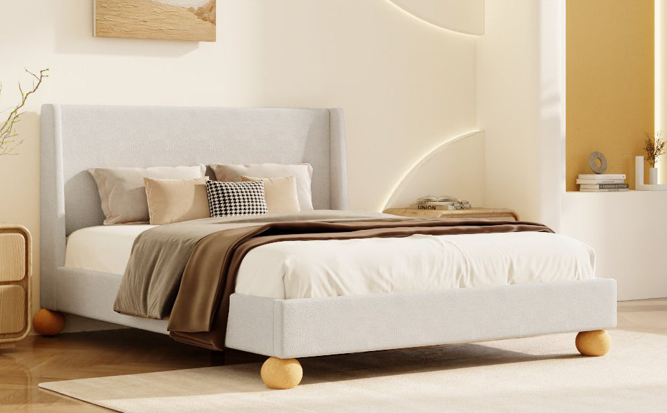 King Beige Upholstered Bed Frame With Wingback Headboard