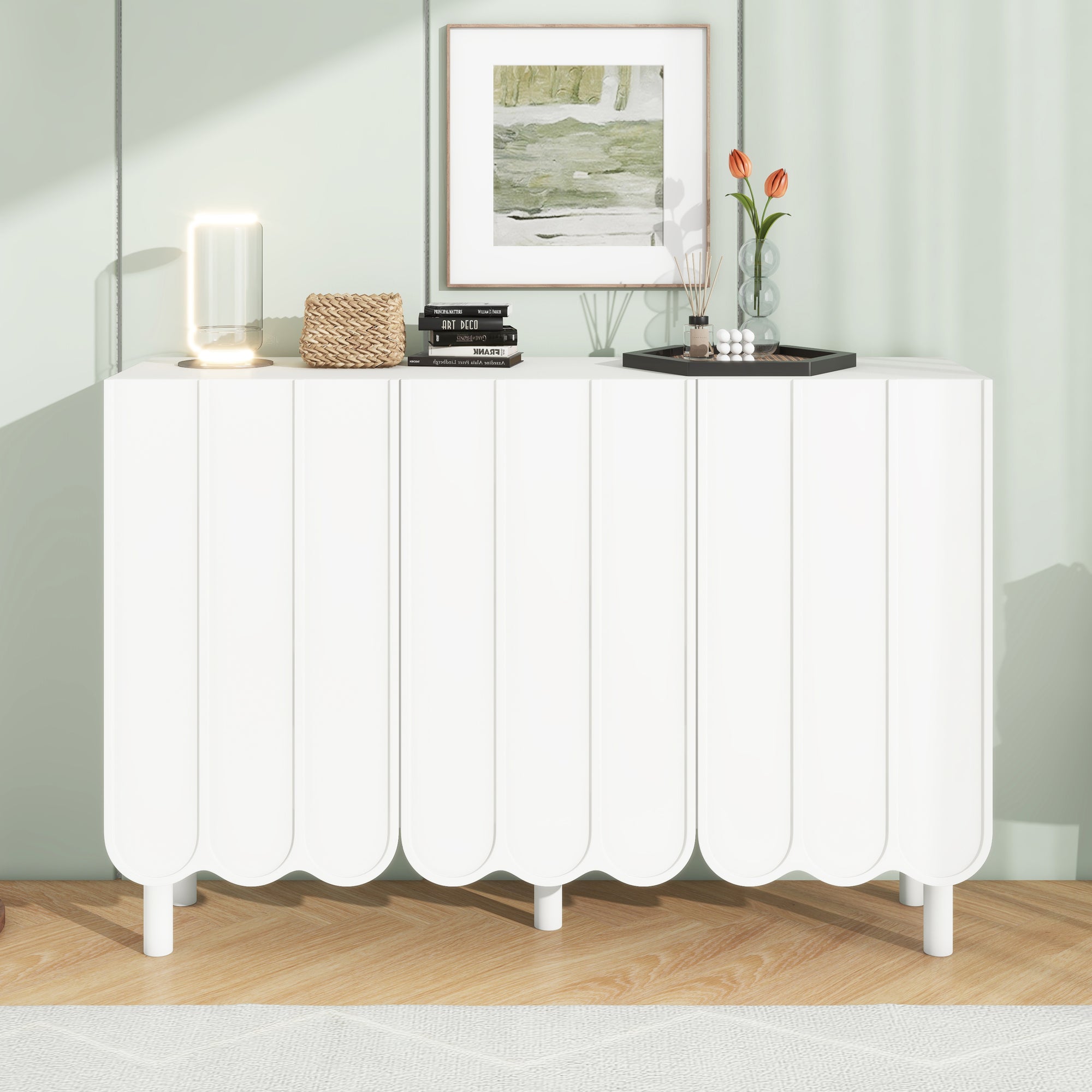 Cream Style Minimalist Shoe Cabinet with Wave Doors and Adjustable Shelves In White