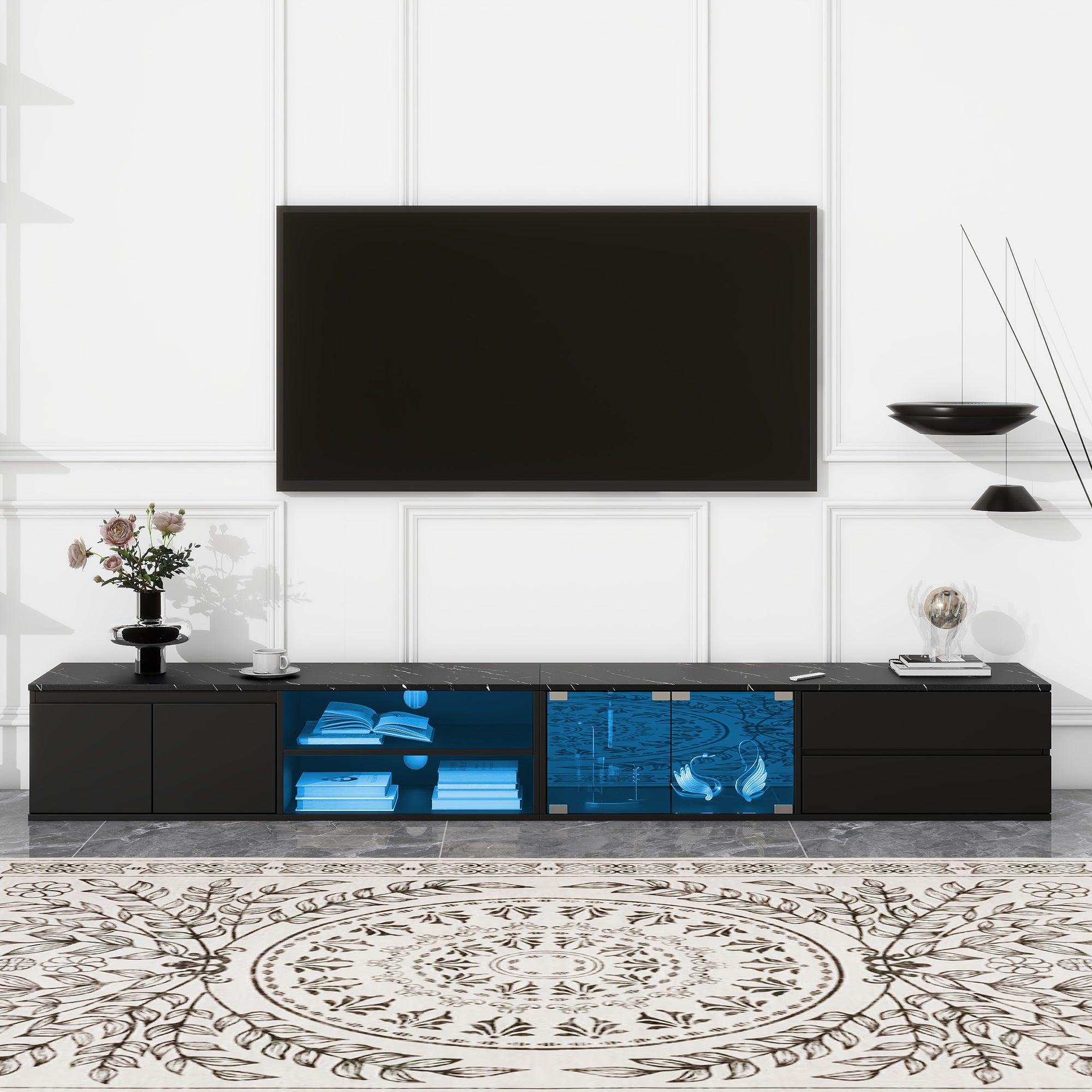 Modern APP Controlled LED TV Stand for TVs Up to 105 Inches Faux Marble Tabletop Media Console with Drawers and Cabinets In Black