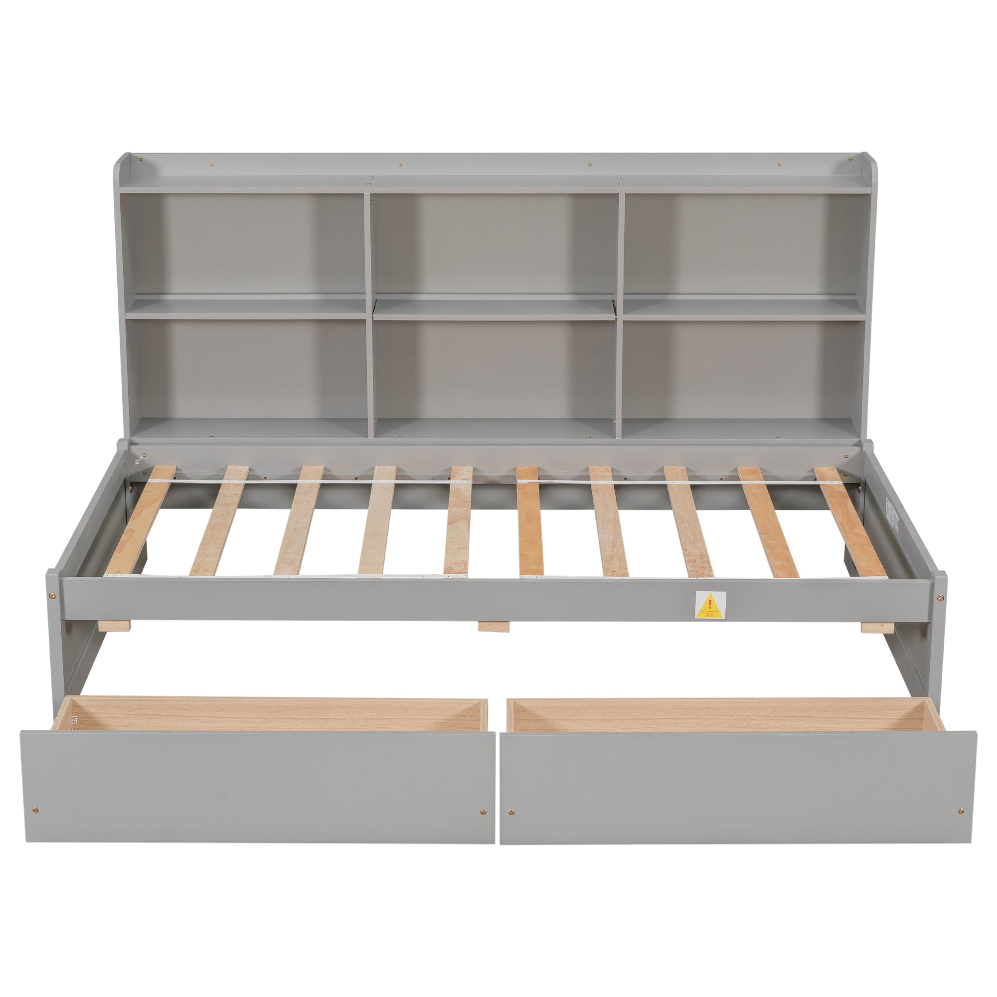 Twin Bed with Side Bookcase and Storage Drawers in Gray