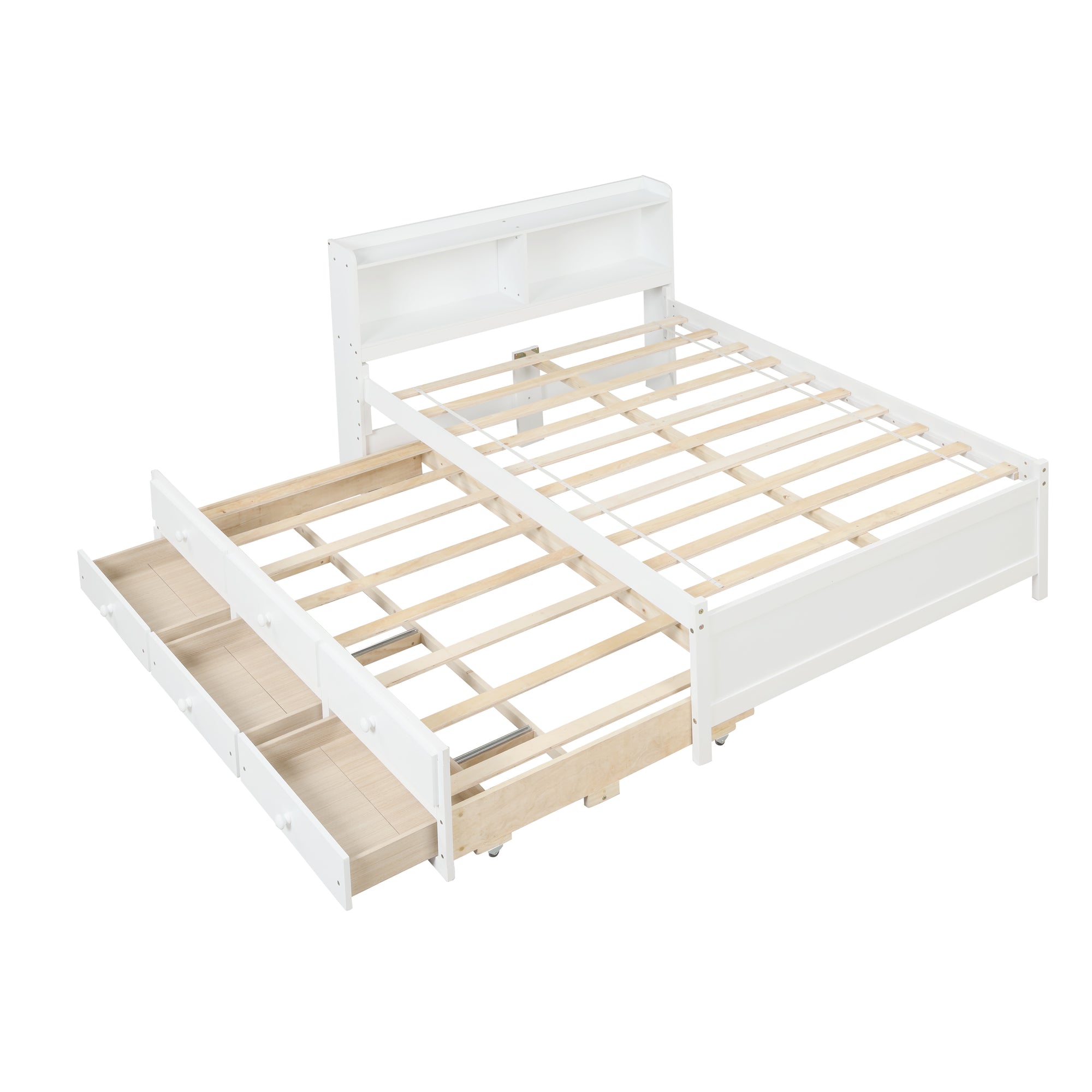 White Full Bed with Bookcase, Twin Trundle, and Drawers