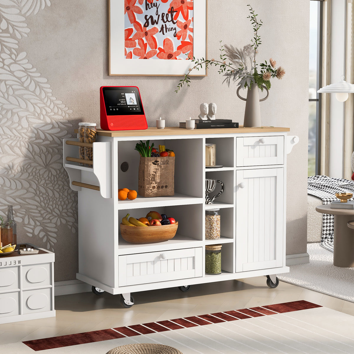 Kitchen Island Cart with Storage Cabinet and Two Locking Wheels Solid Wood Desktop Microwave Cabinet Floor Standing Buffet Server for Kitchen In White