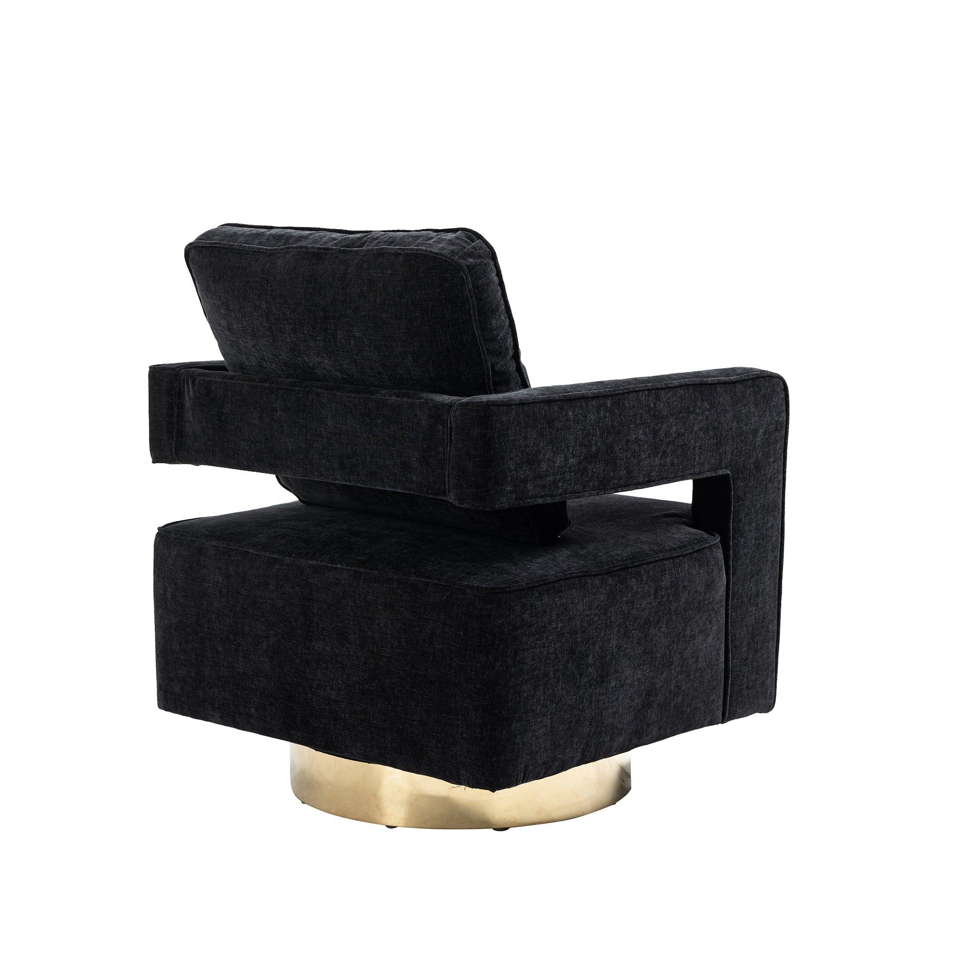 Open Back Black Chenille Swivel Accent Chair With Gold Stainless Steel Base