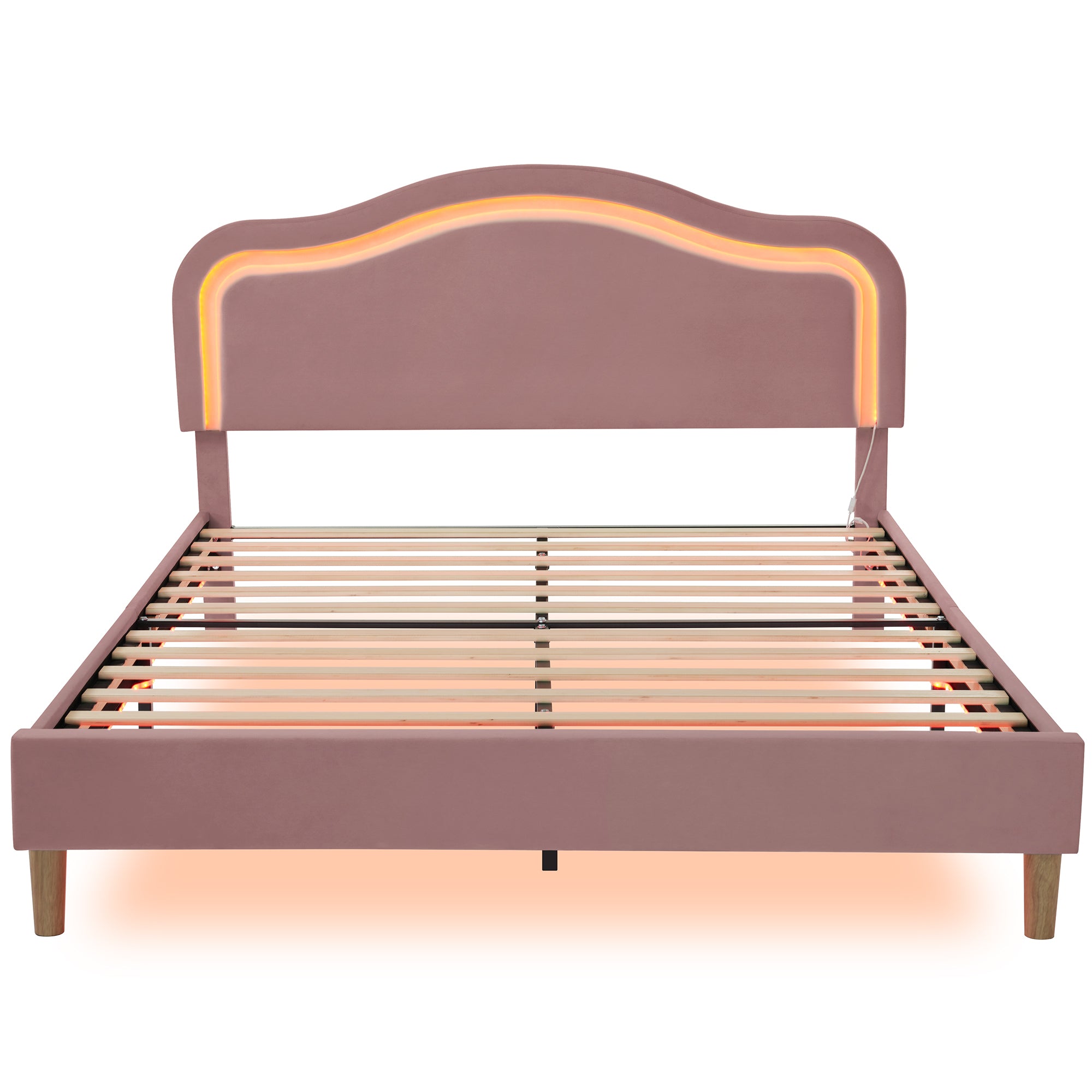 Pink Queen Bed Frame with Adjustable LED Lights and Velvet Upholstery