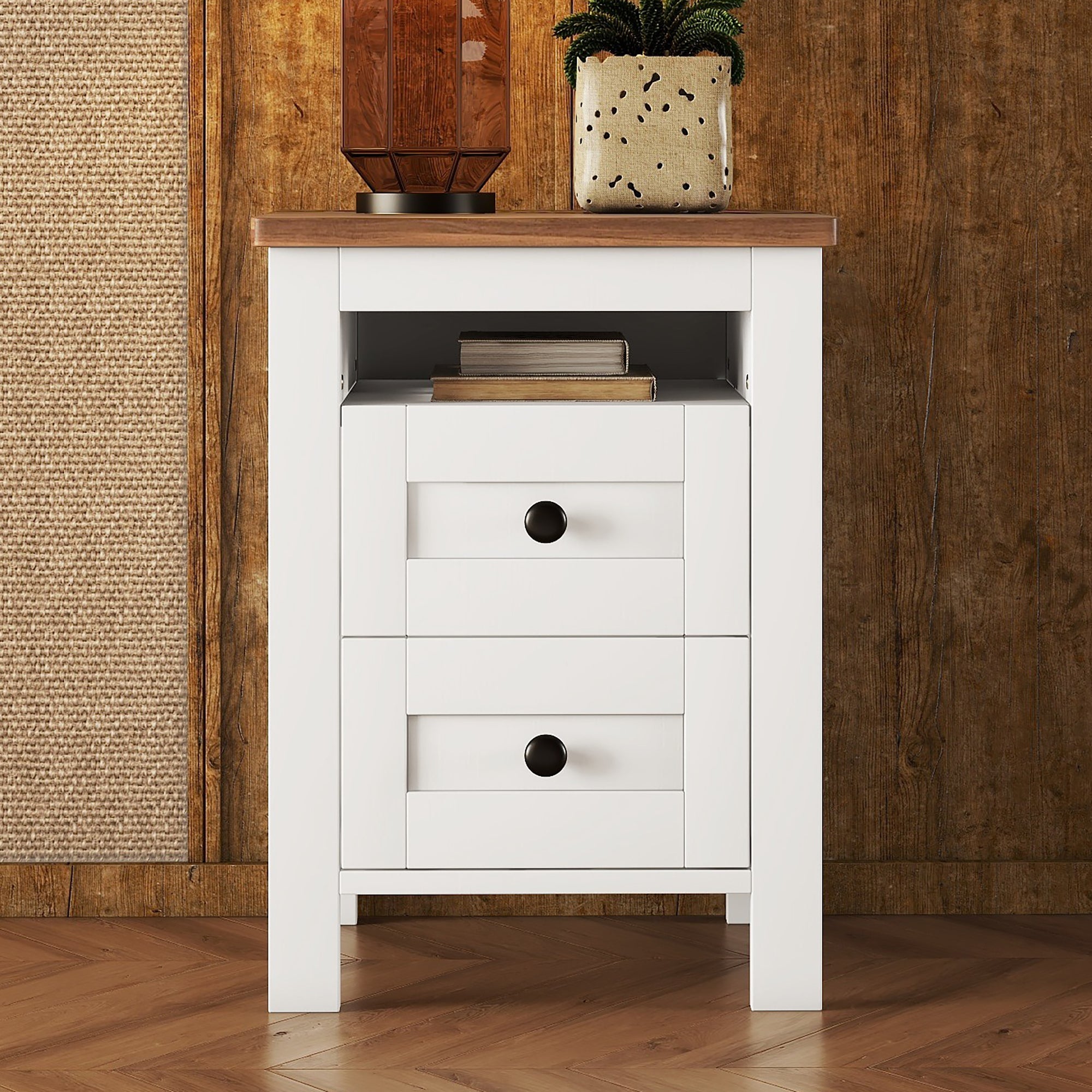 2-Drawer Farmhouse Wooden Nightstand with Storage Cabinet In White and Brown