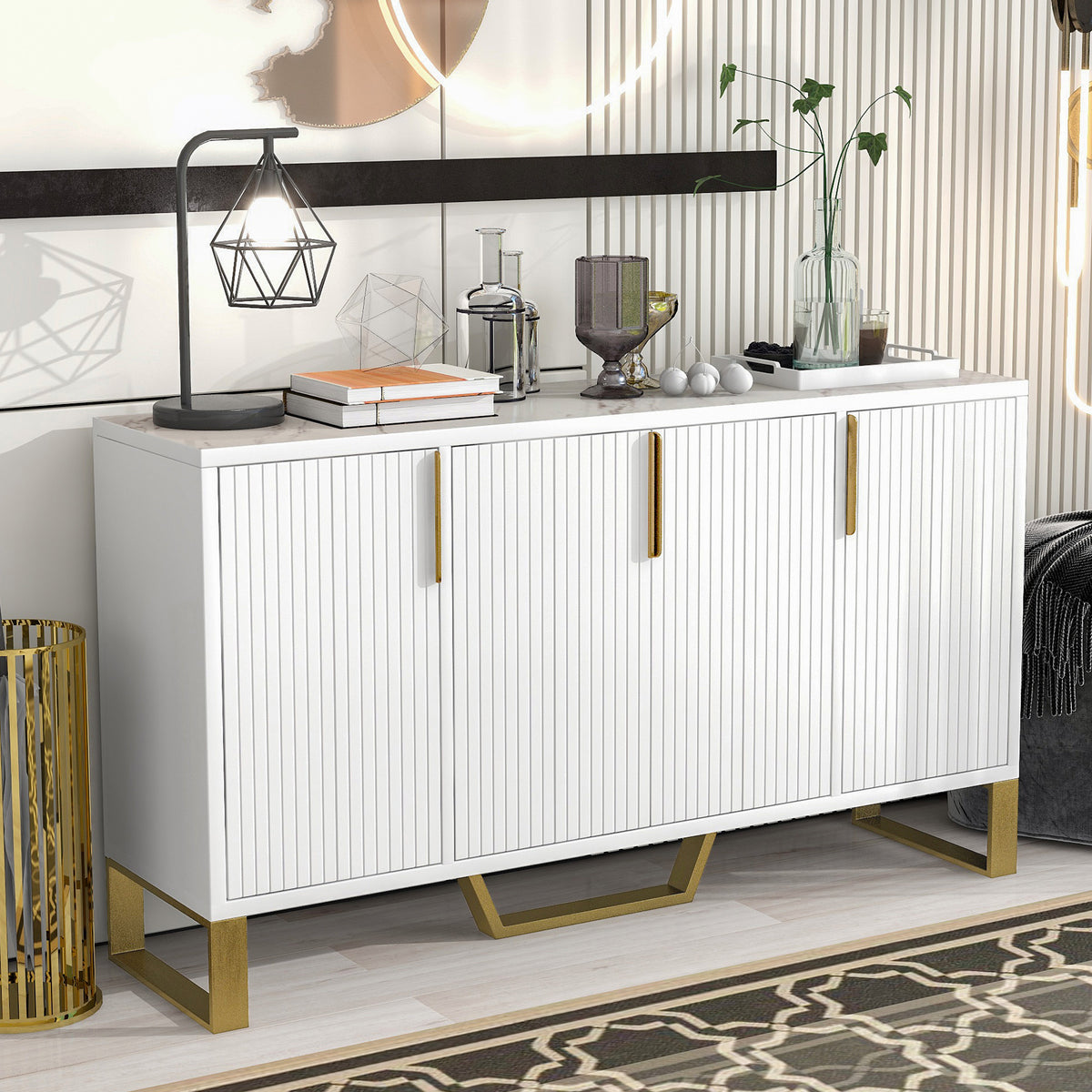 Modern Sideboard with Four Doors Metal Handles Adjustable Shelves Kitchen Cabinet In White