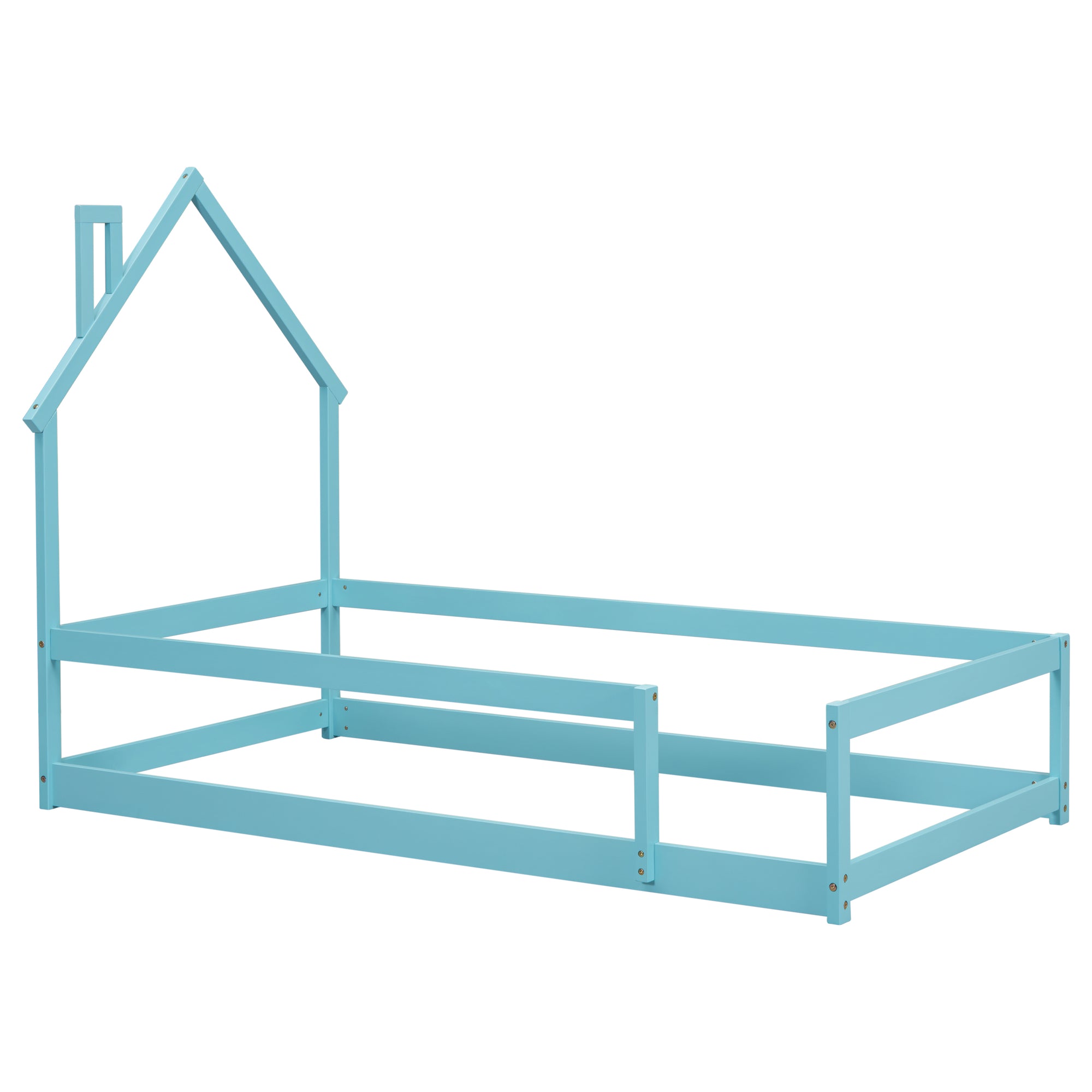 Light Blue Twin Size Wood Toddler Floor Bed with House-Shaped Headboard & Guardrails