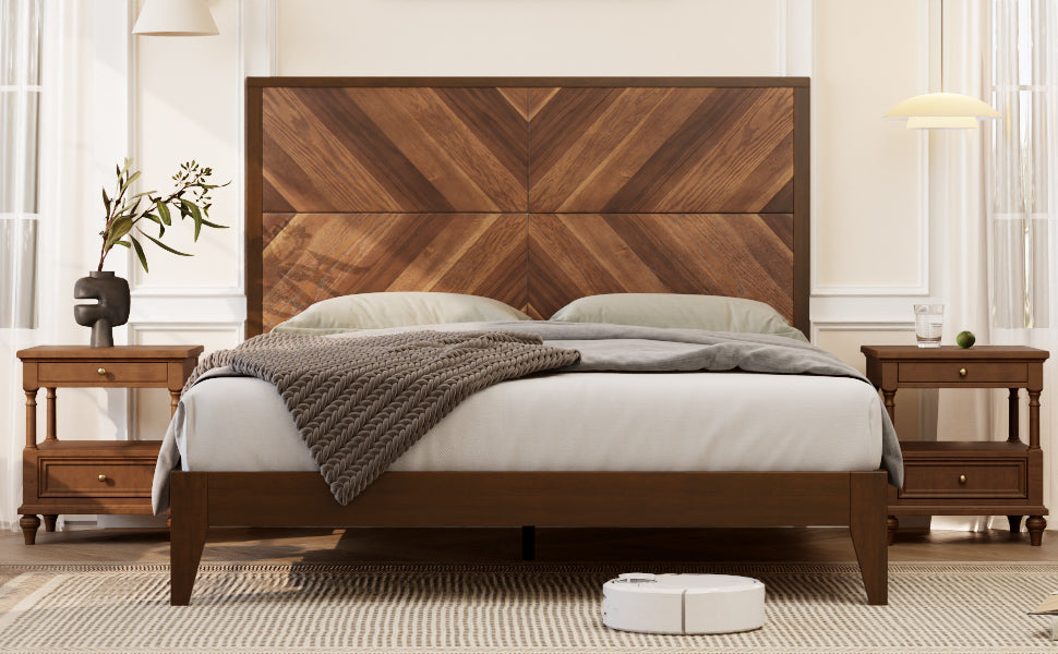 Walnut Tone Queen Mid-Century Modern Wooden Bed Frame