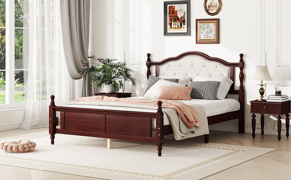 Classic Queen Size Pine Wood Bed with Upholstered Headboard