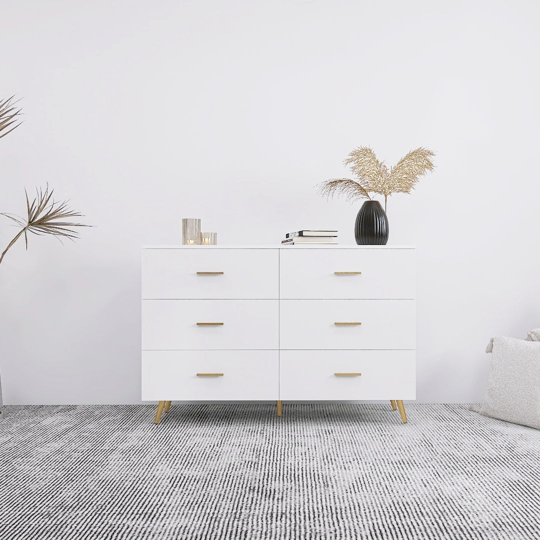 High Glossy Surface 6 Drawers Chest With Golden Handle And Steel Legs In White