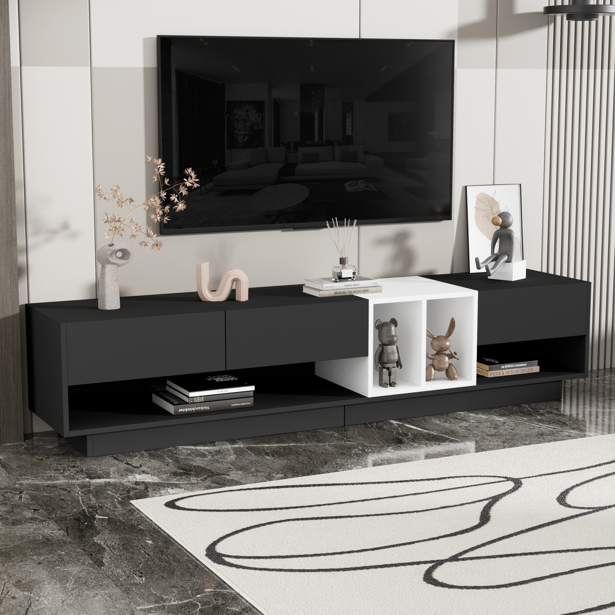 Sleek and Stylish TV Stand with Storage Solution Two-tone Media Console for TVs Up to 80 Inches Functional Cabinet In Black