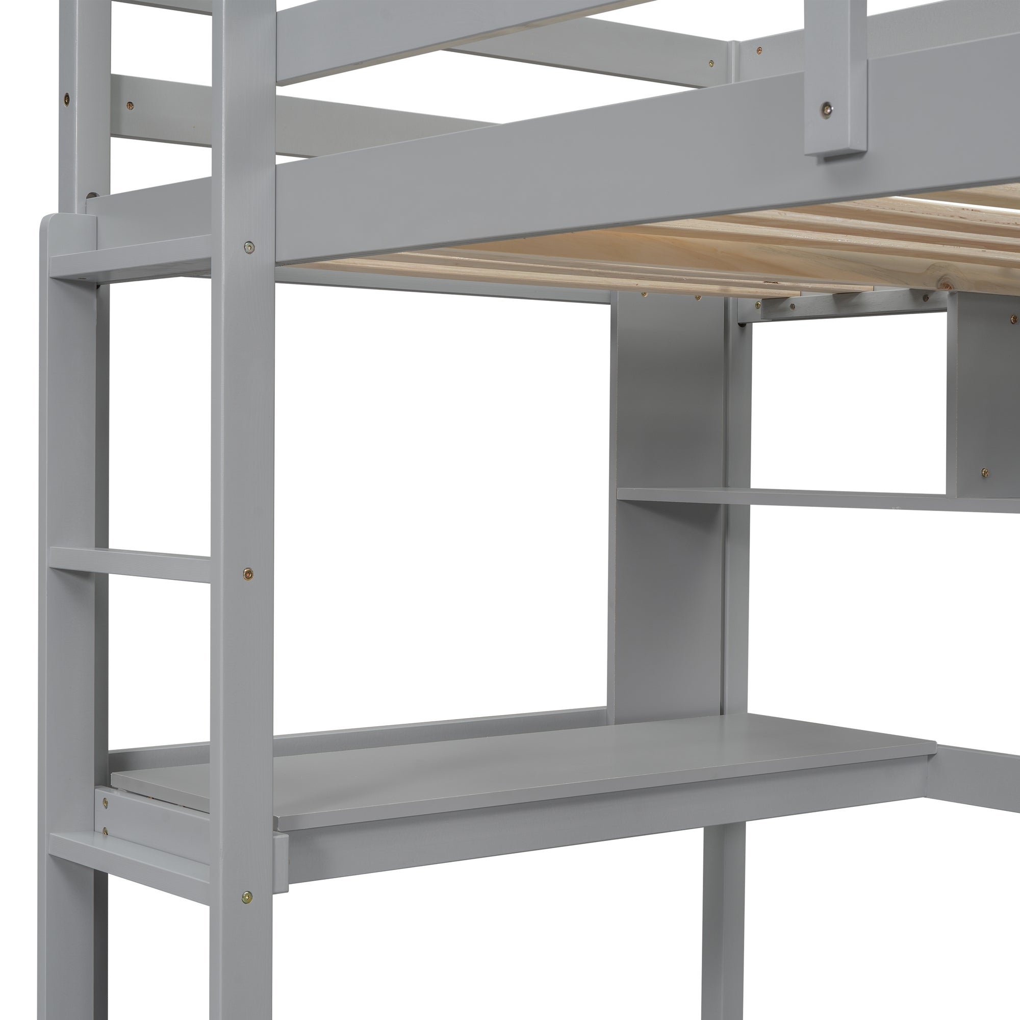 Gray Twin Loft Bed with Desk, Bookcase, and Safety Guardrail