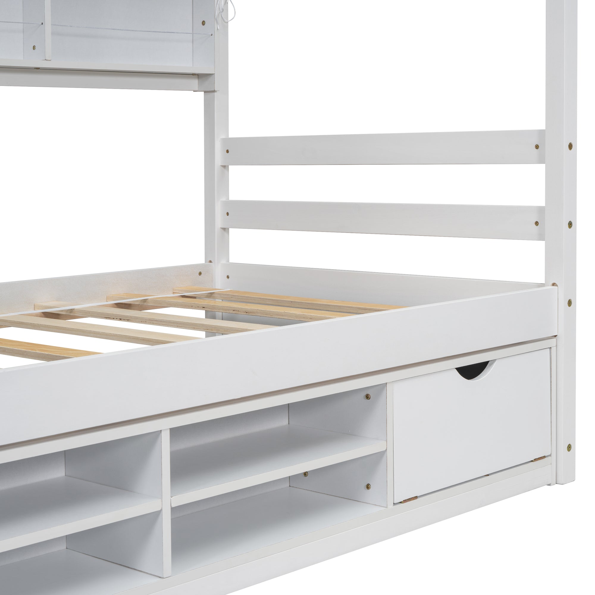 Twin Bed with Roof, Bedside Shelves, and Under-Bed Storage in White