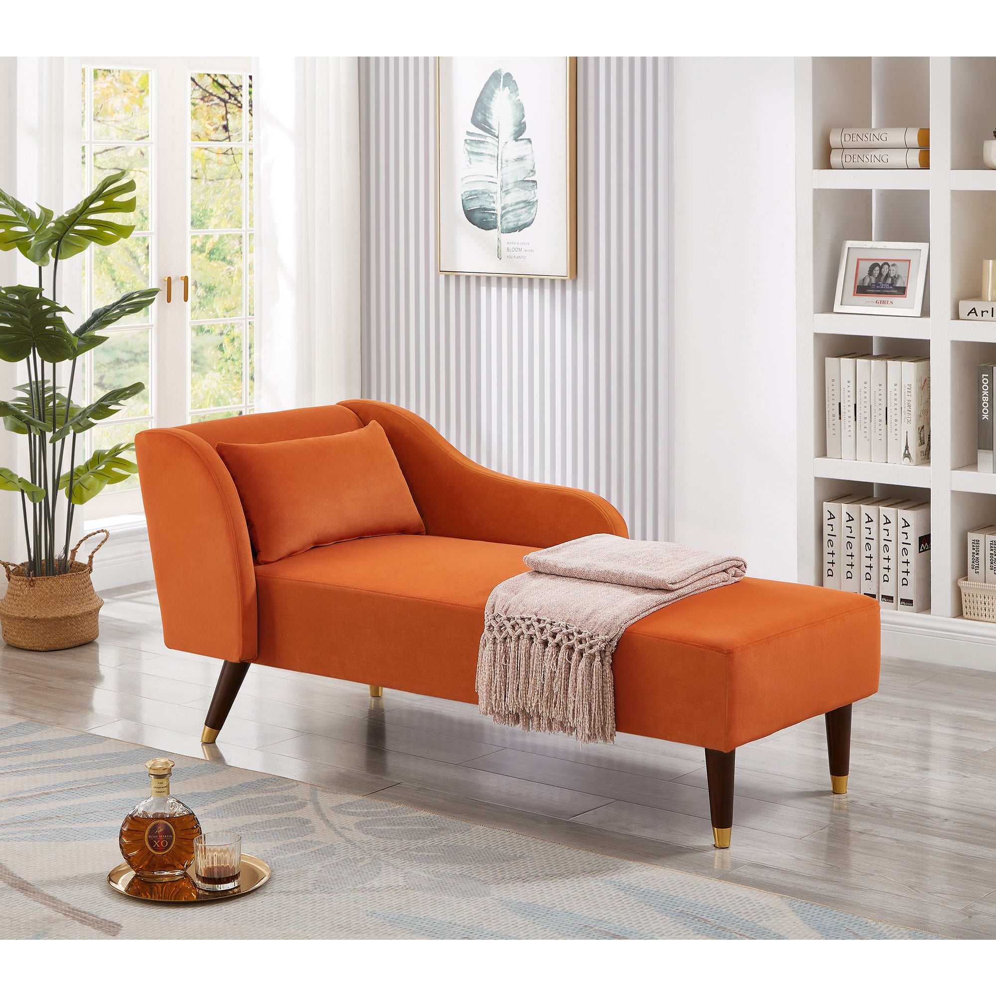 Modern Orange Velvet Chaise Lounge