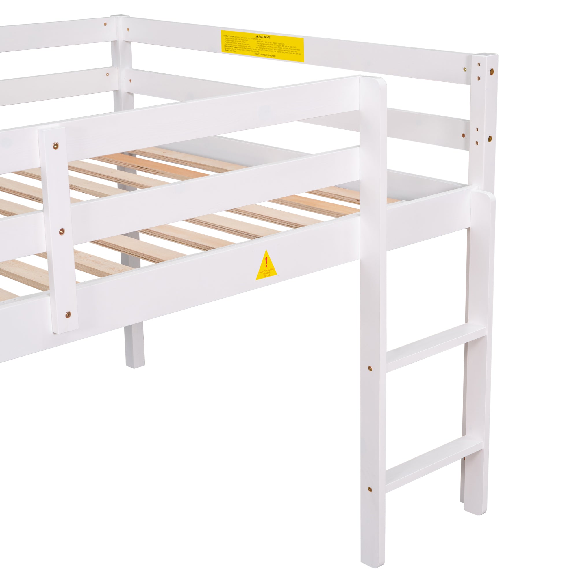 White Full Low Loft Bed with Ladder and Guardrails