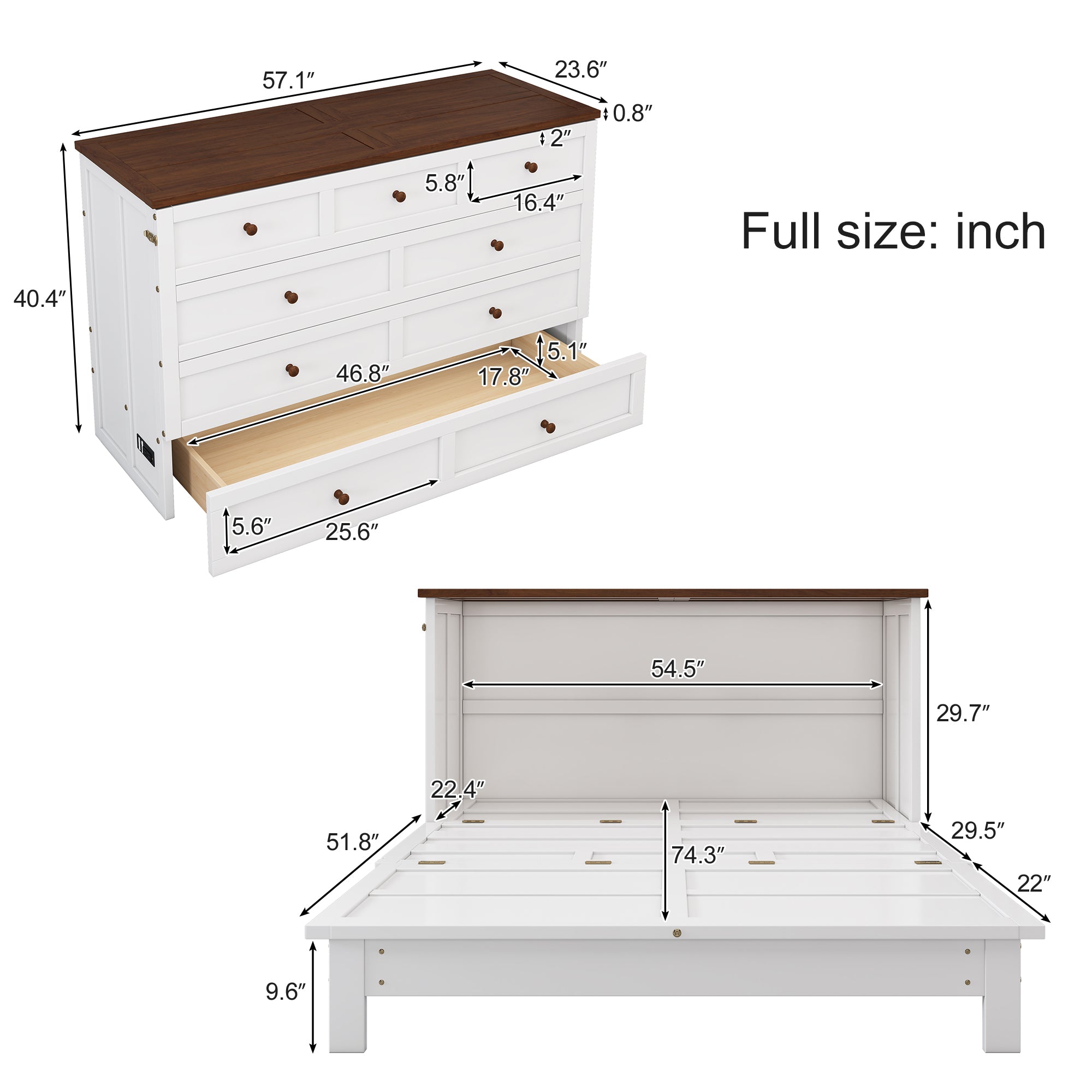 White & Walnut Full Size Murphy Bed with Storage Drawer and Charging Station