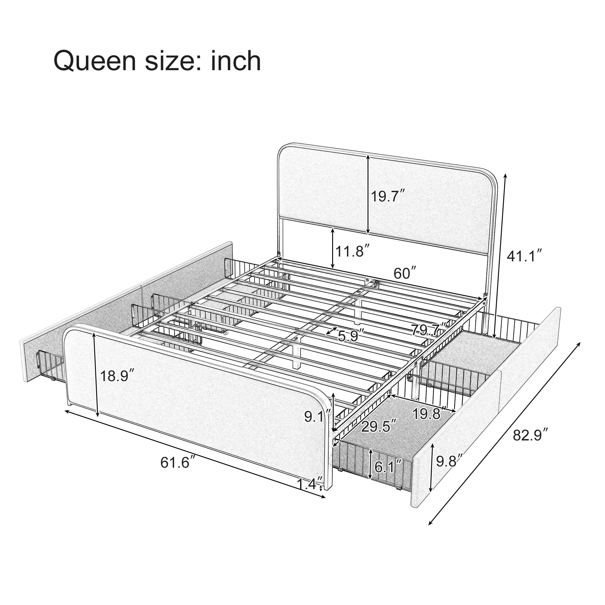 Queen Size Metal Bed Frame with Upholstered Headboard & Storage Drawers