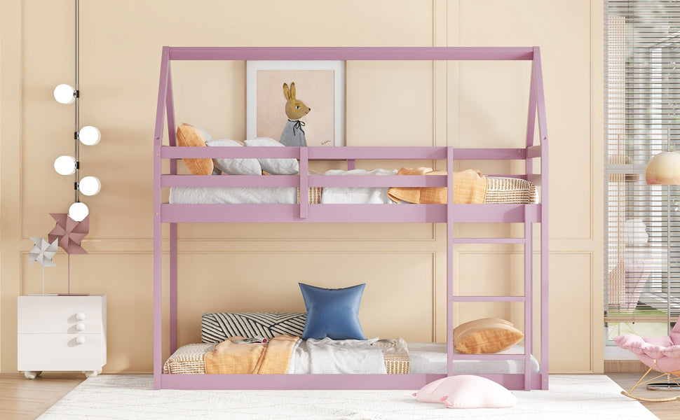 Twin Over Twin Pink House-Shaped Floor Bunk Bed with Ladder and Guardrails