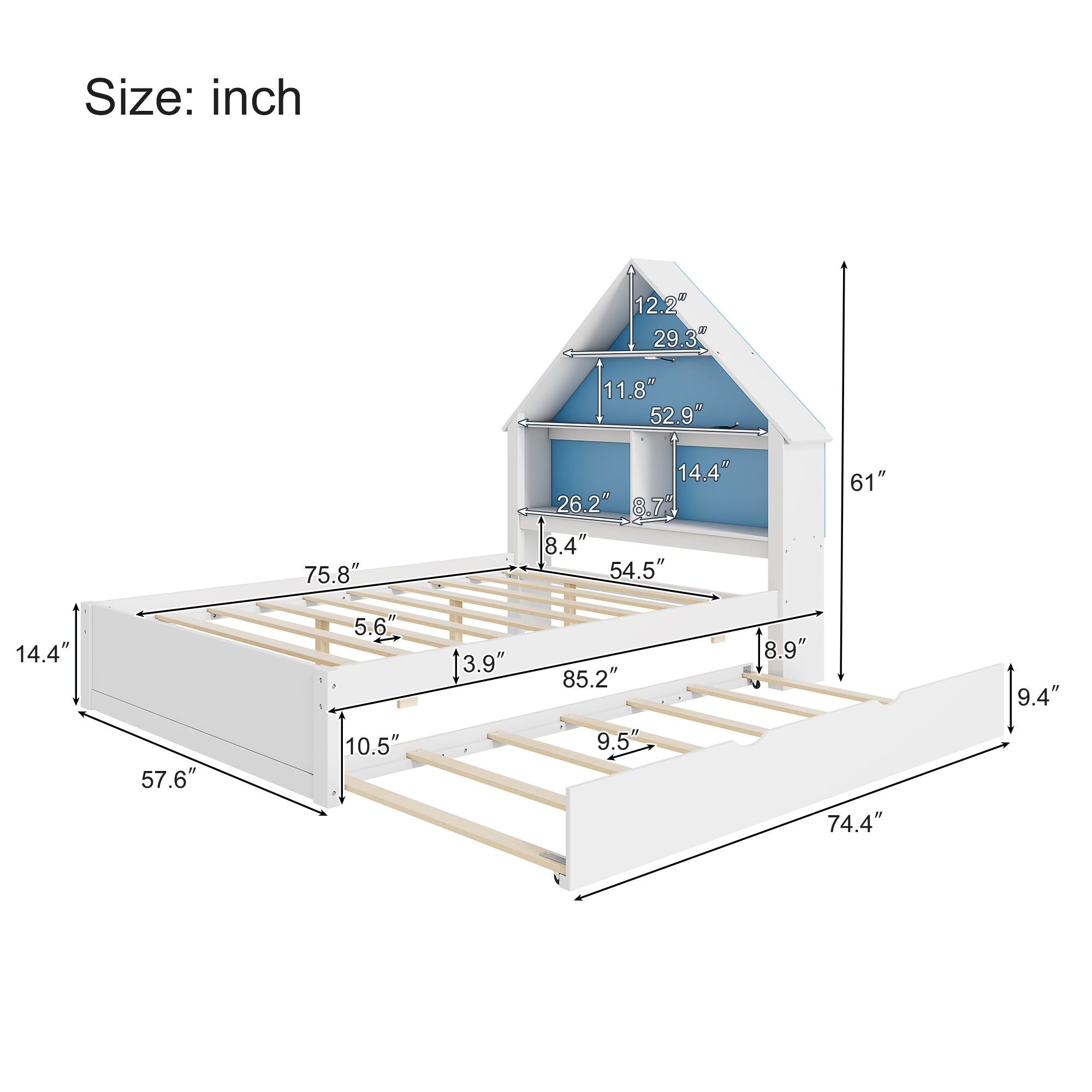 White & Blue Full House-Shaped Bed Frame with Trundle, Shelves, and LED Nightlight