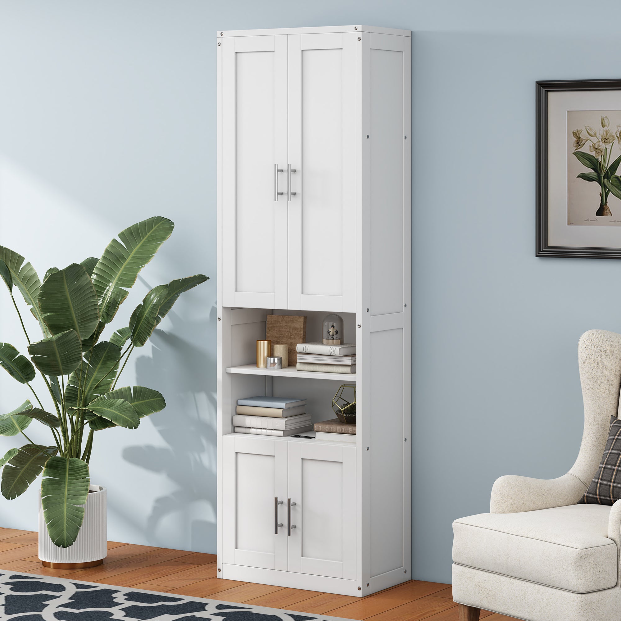 White Queen Size Murphy Bed with Cabinet, Desk, and Side Cabinet