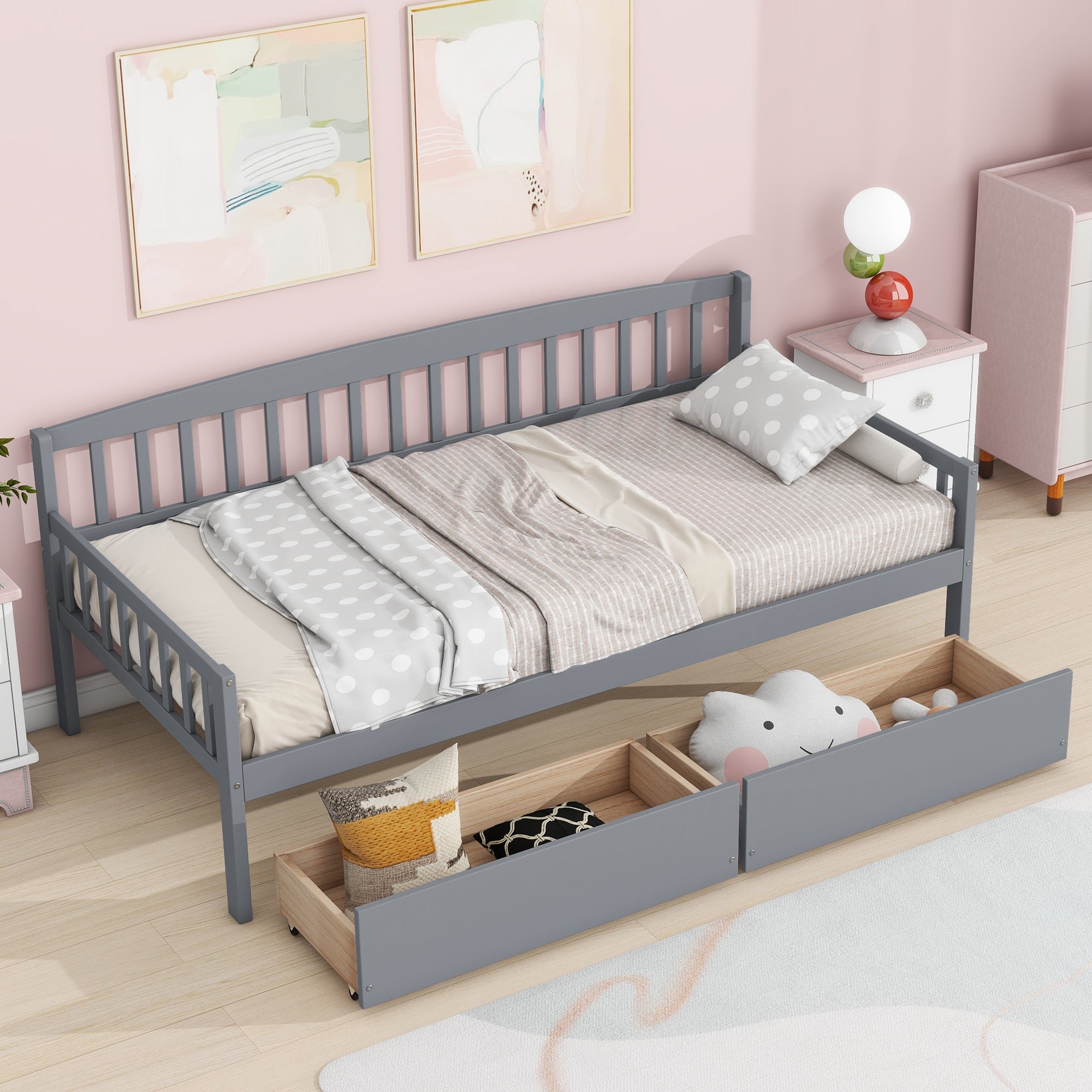 Gray Twin-Size Pine Wood Daybed with Storage Drawers, Sofa Bed Design