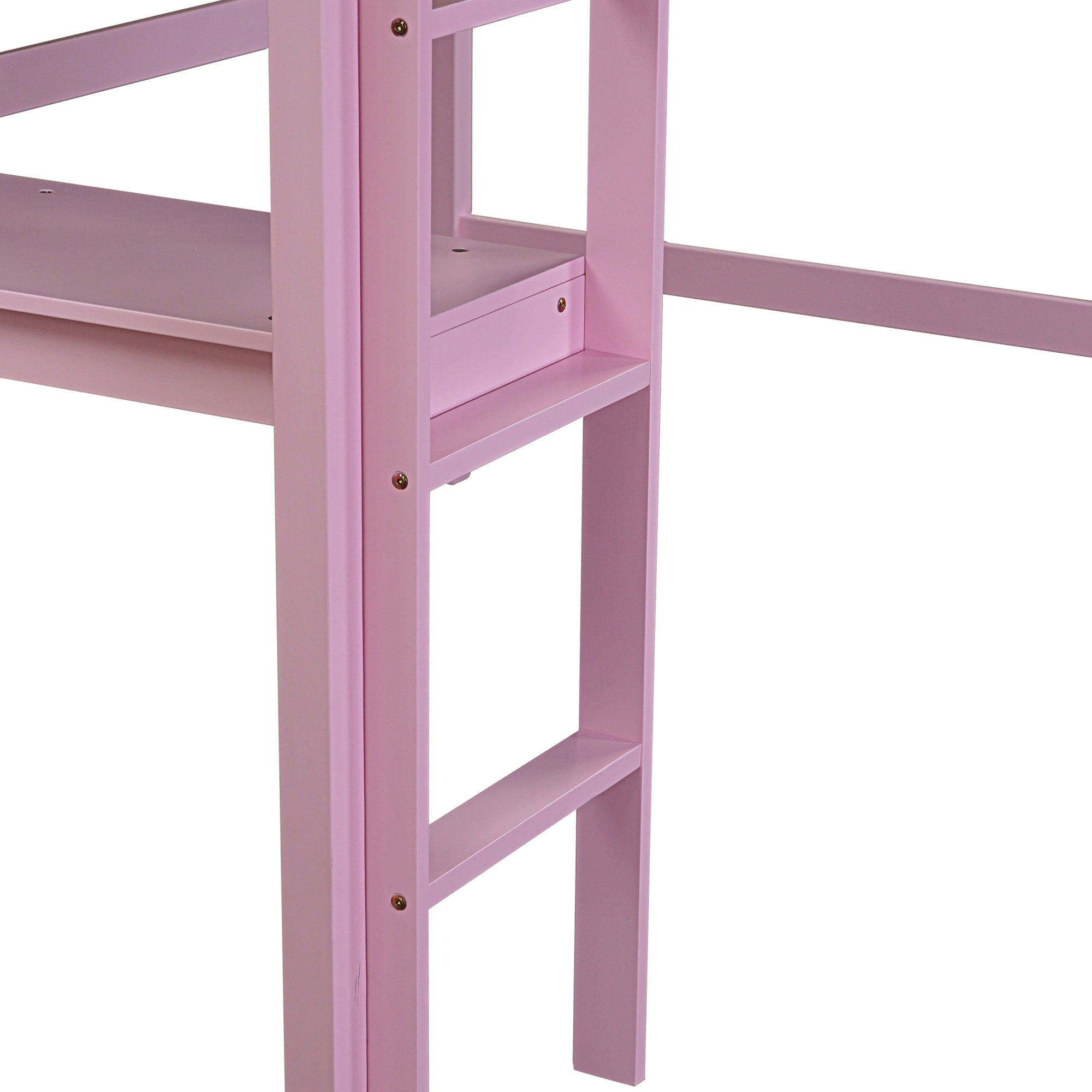 Pink Twin High Loft Bed with Built-in Desk, Rubber Wood Frame, and Safety Guardrail