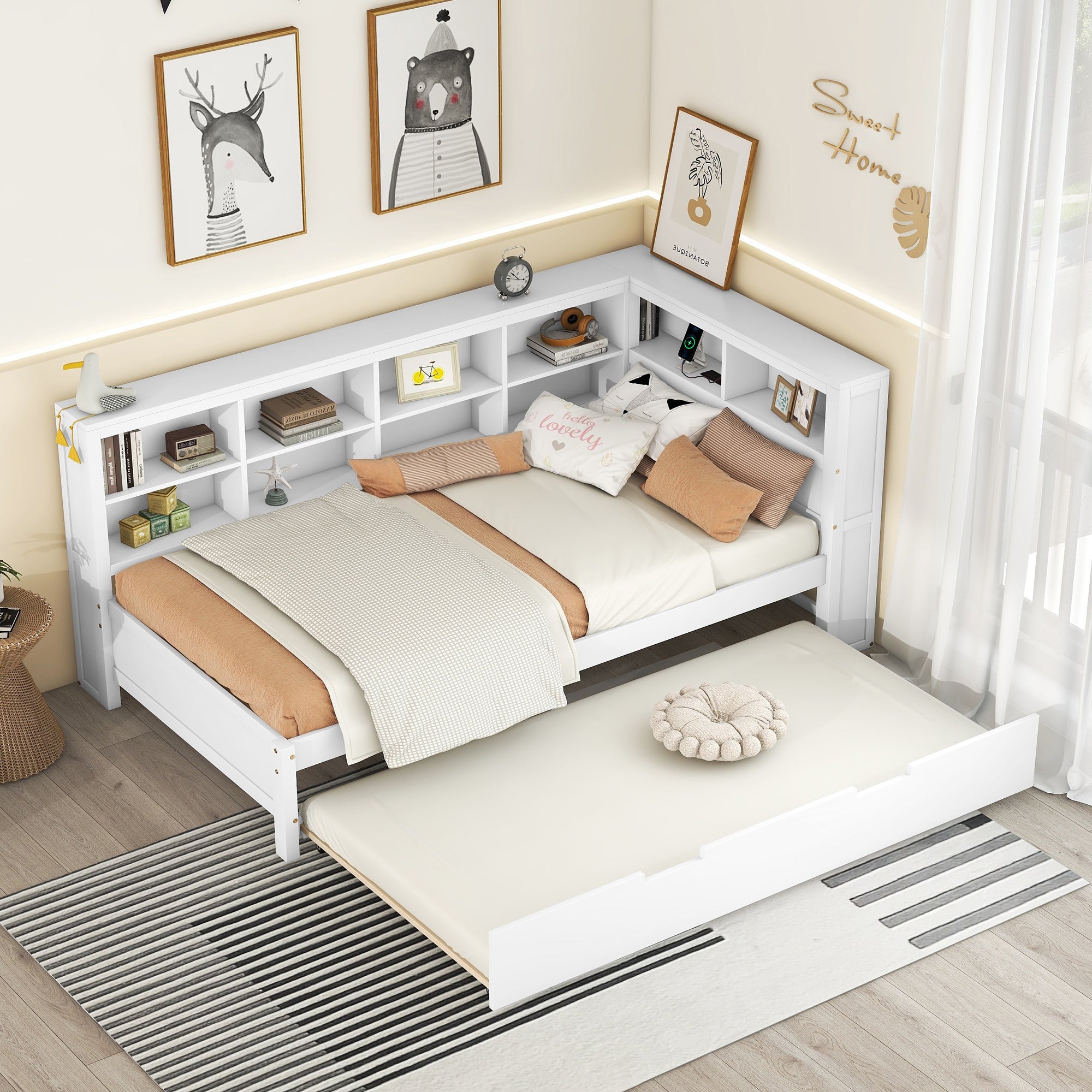 Wooden Twin Size DayBed with Trundle and USB Ports In White