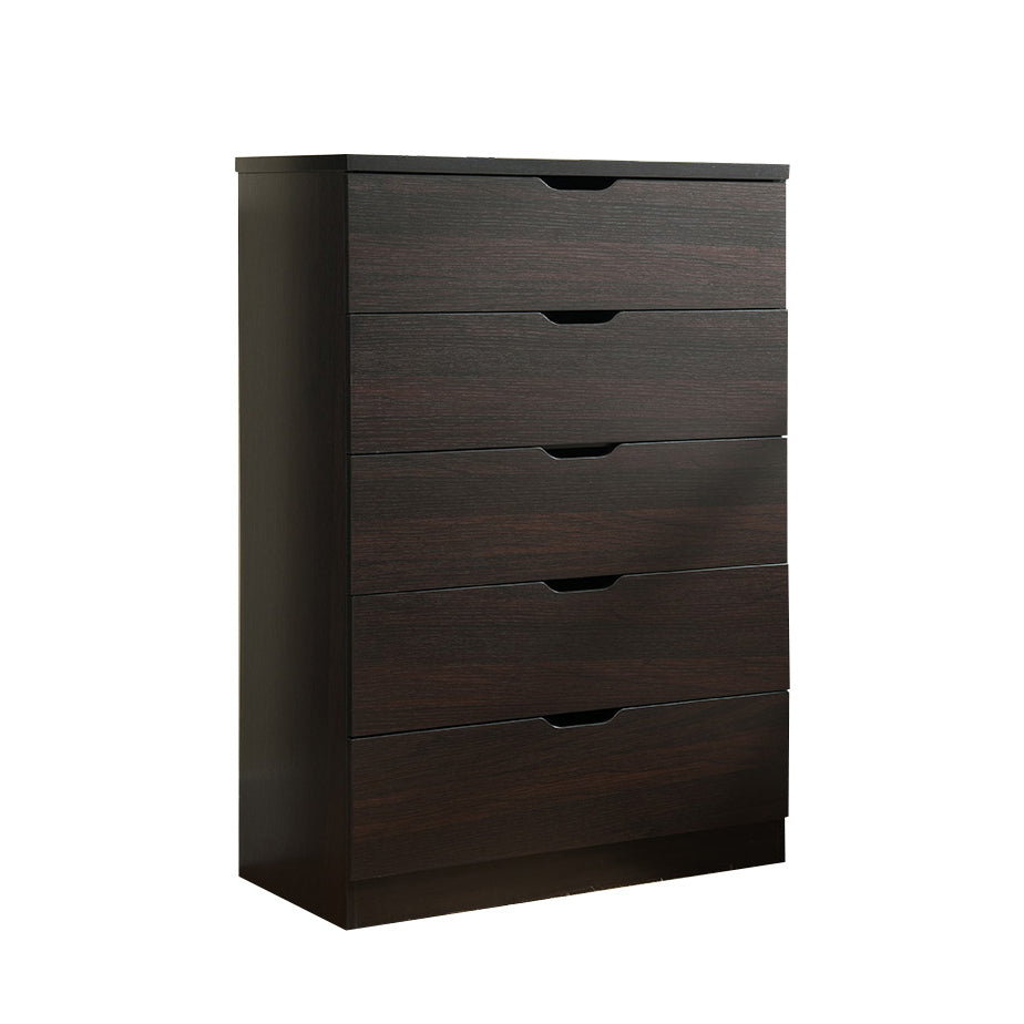 Five Drawer Clothes And Storage Chest Cabinet In Red Cocoa Chocolate Faux Wood Grain And Metal Glides