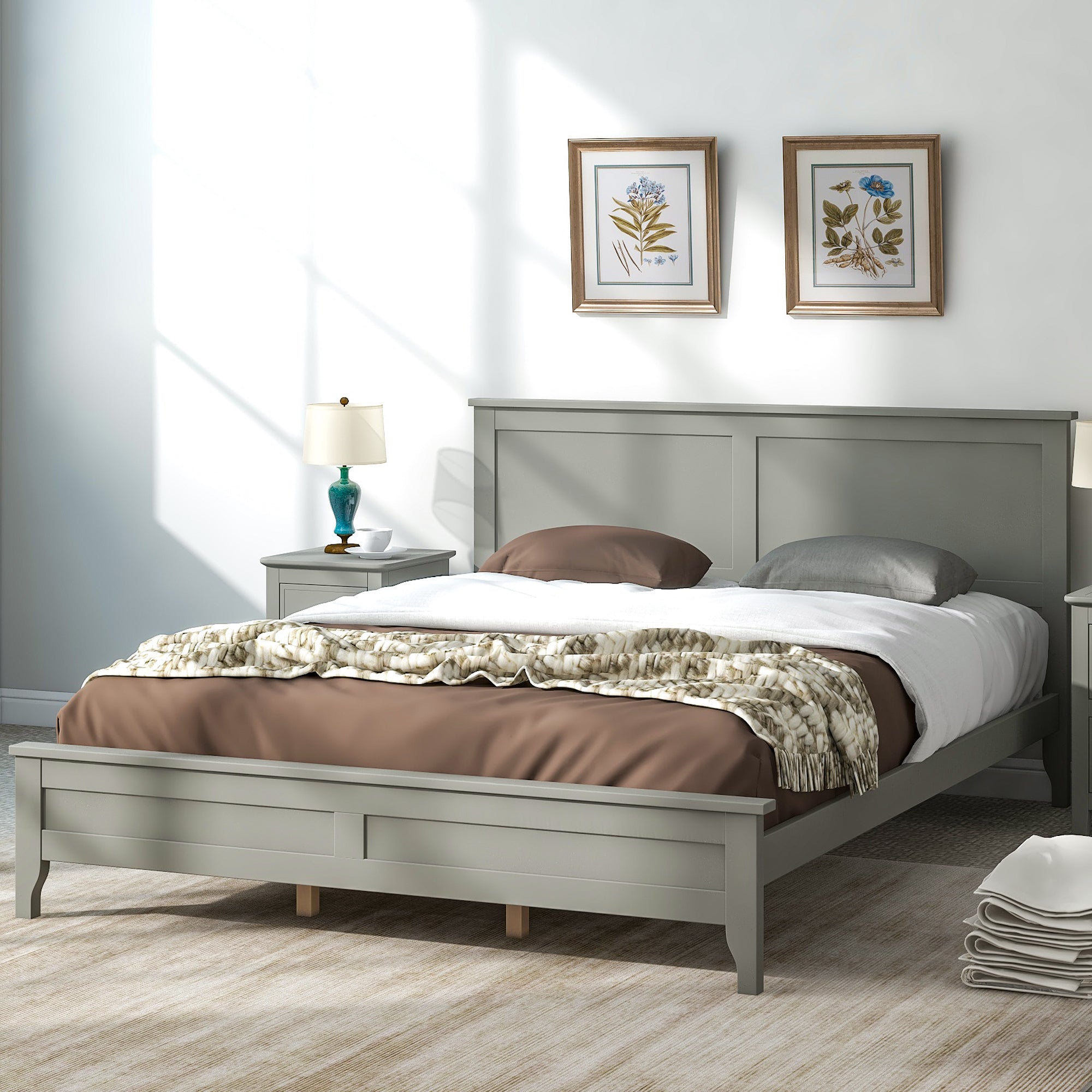 Gray Wooden Queen Size Platform Bed