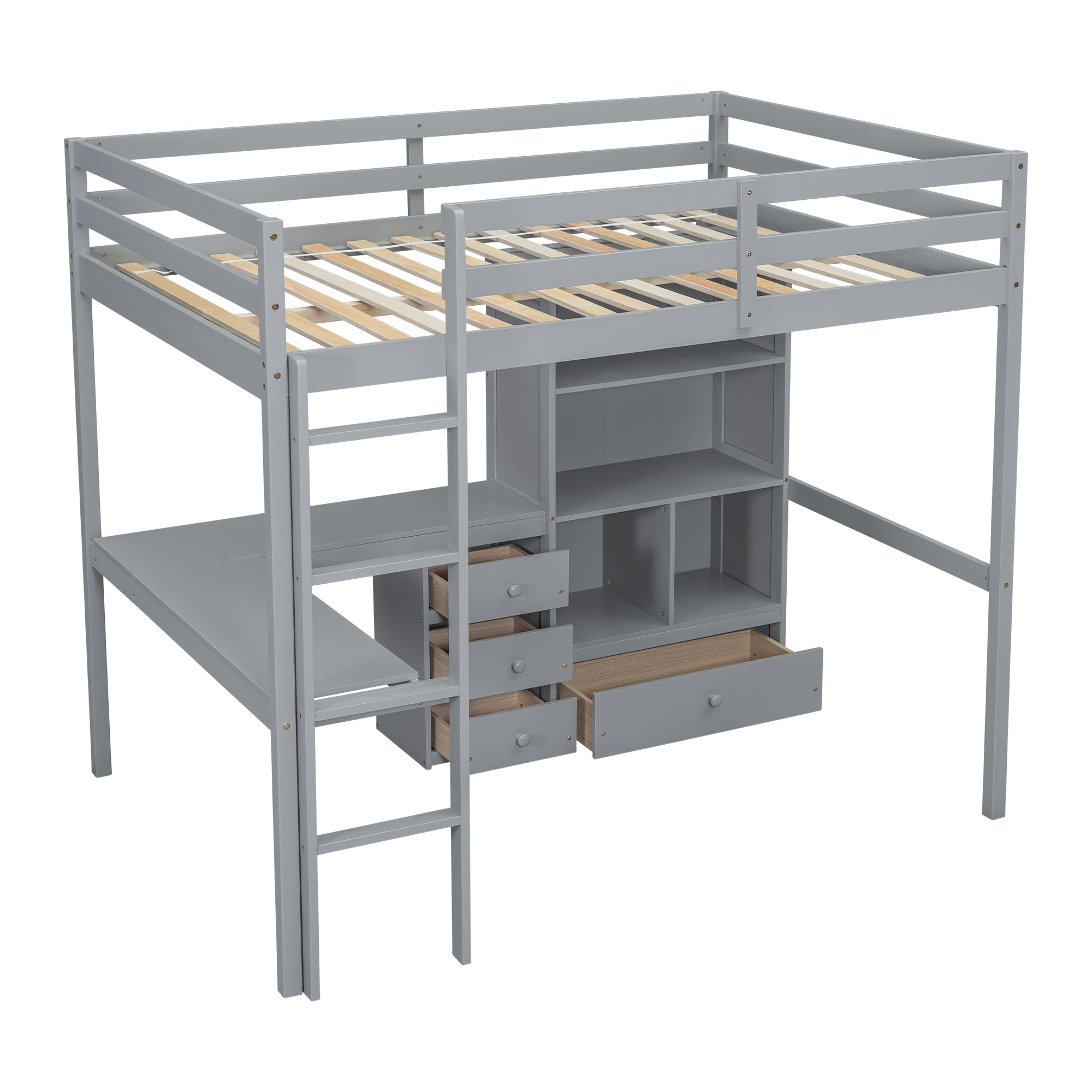 Gray Full Size High Loft Bed with Desk, Storage Shelves, and Drawers