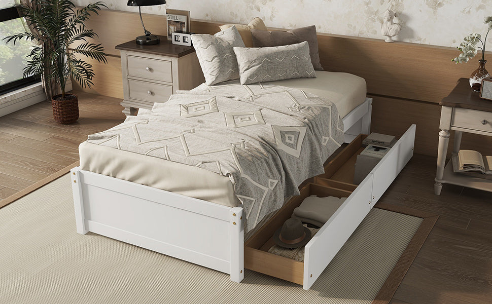 White Twin Bed with 2 Drawers, Solid Wood and No Box Spring Needed