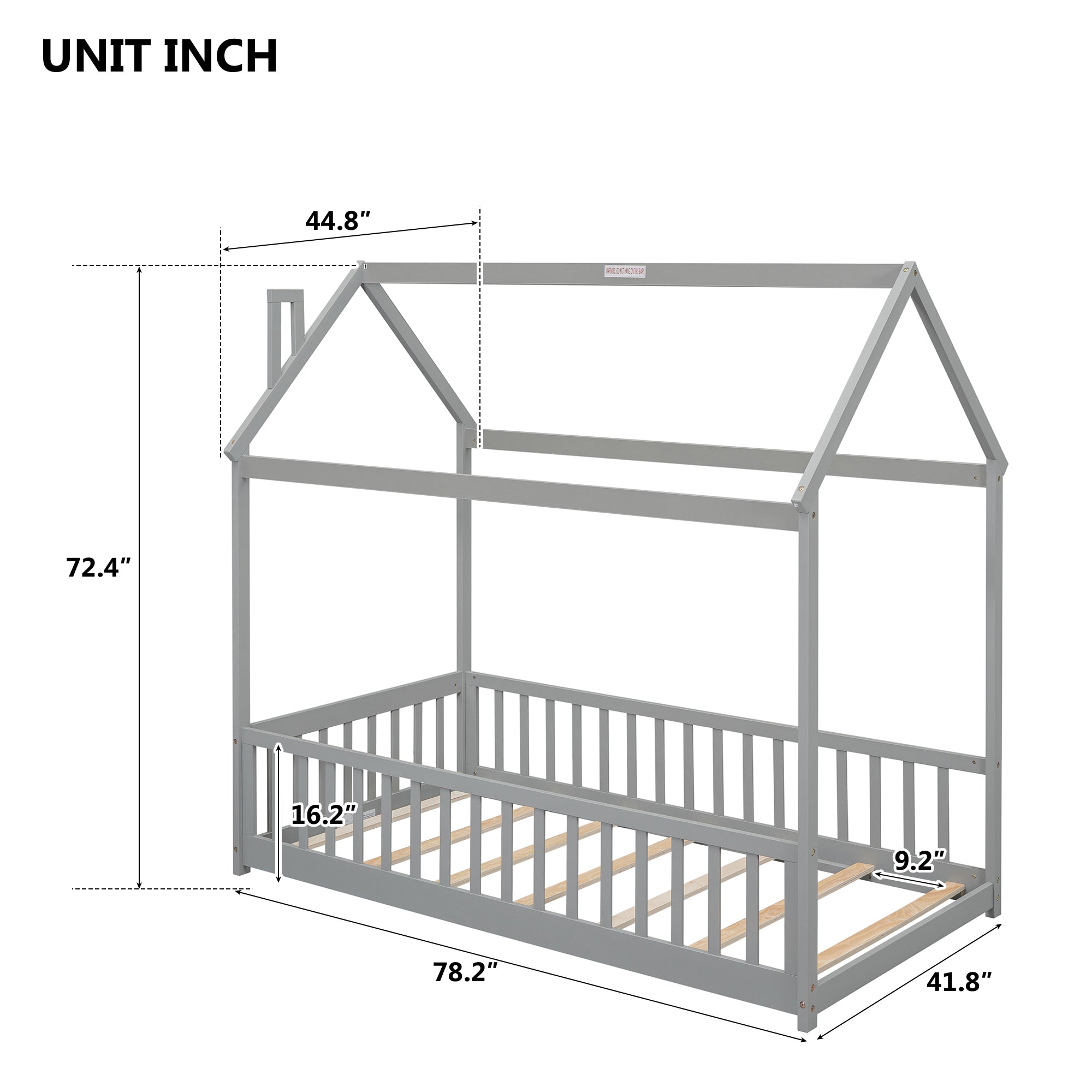 Gray Twin House Bed with Guardrails and Slats