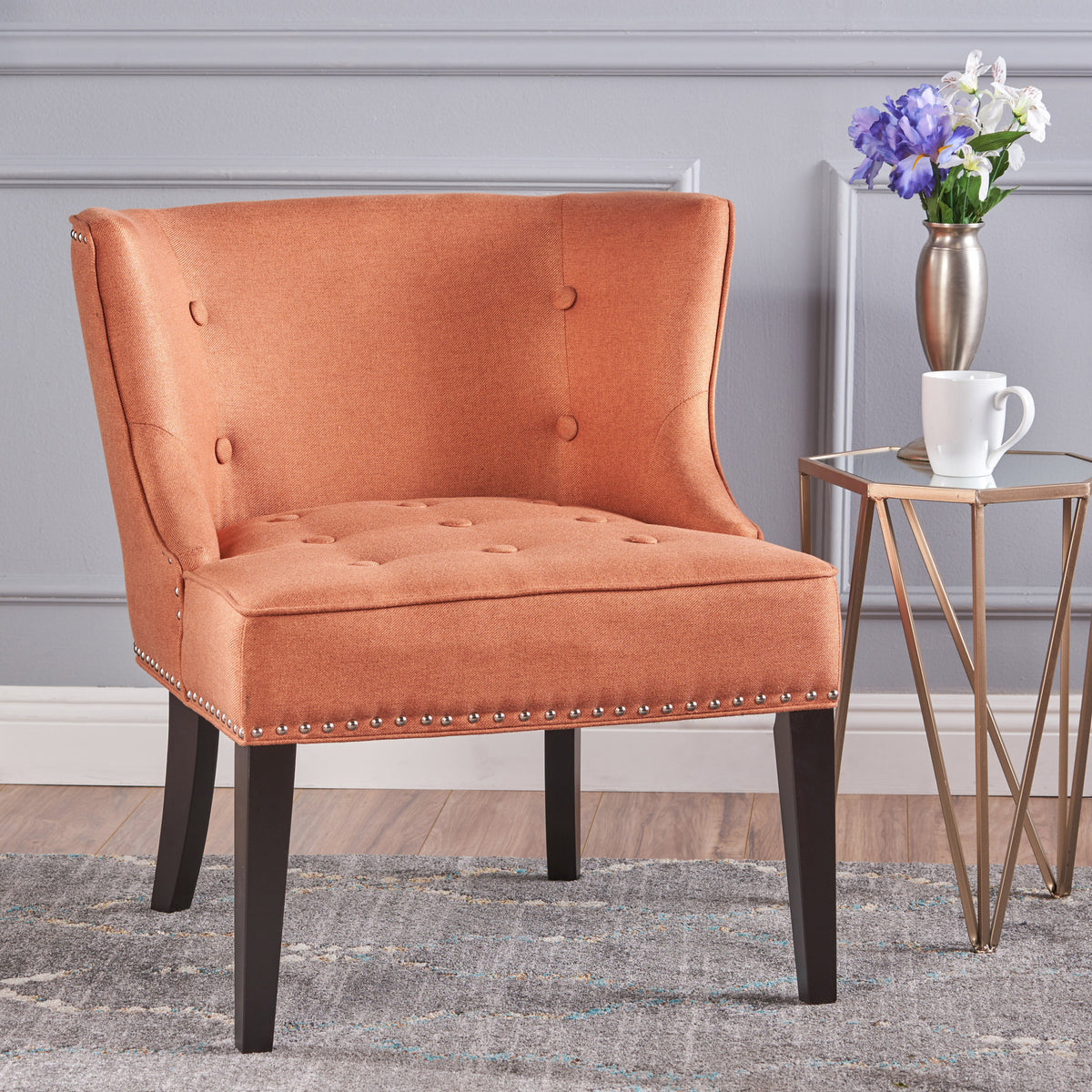 Button-Tufted Waffle Stitch Accent Chair In Orange Fabric