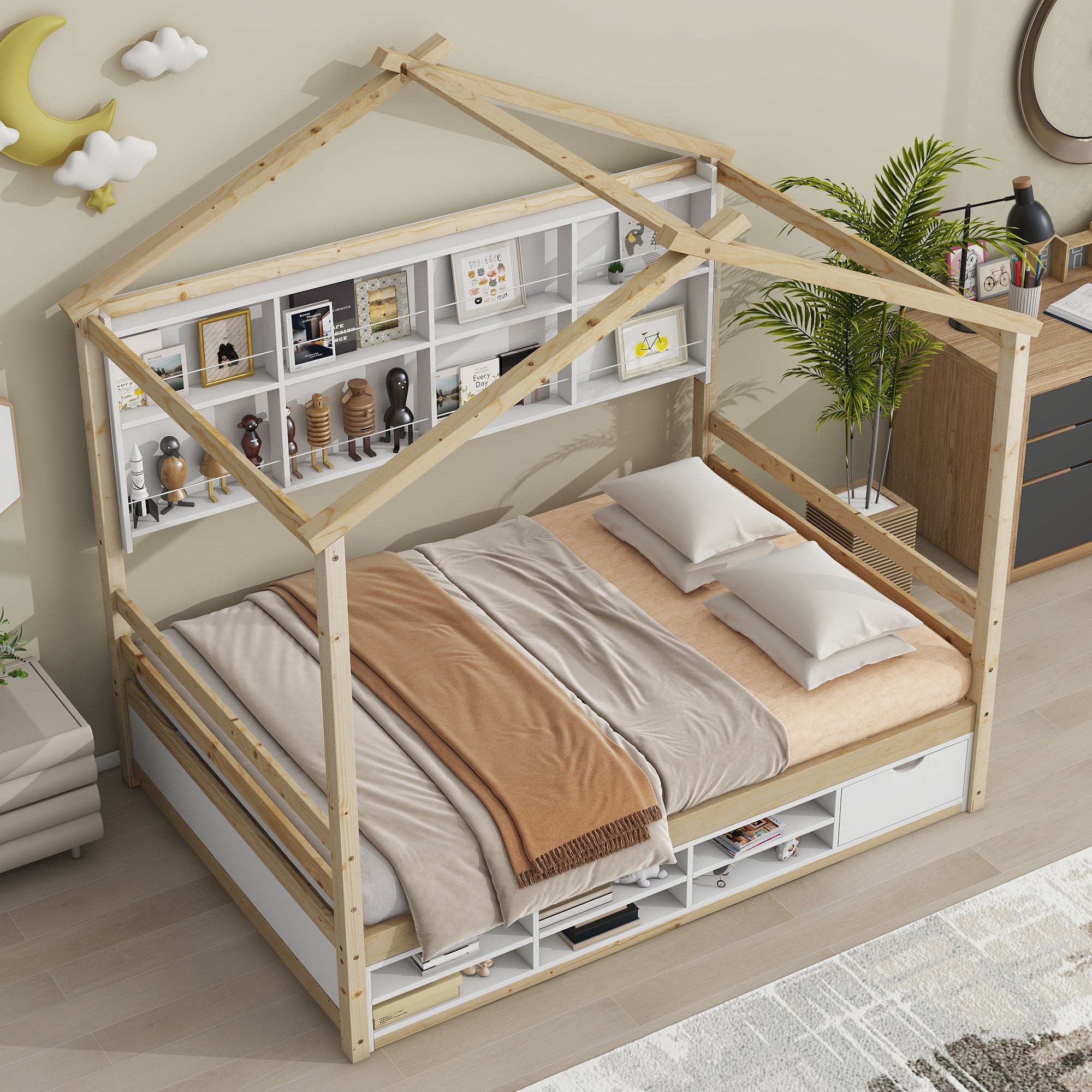 Full Size Bed with Roof, Bedside Shelves, and Under Bed Storage