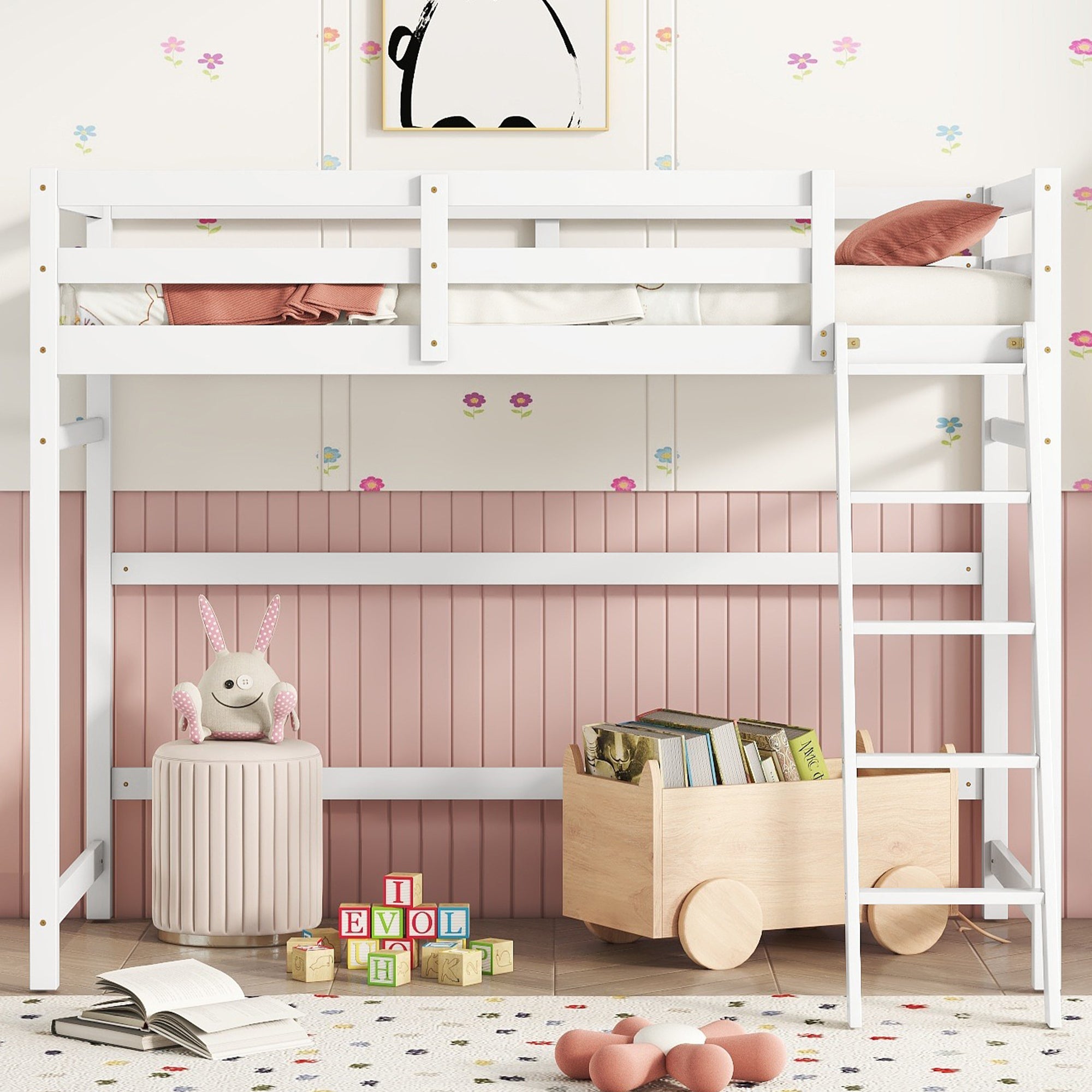 White Twin Size High Loft Bed with Inclined Ladder and Guardrails