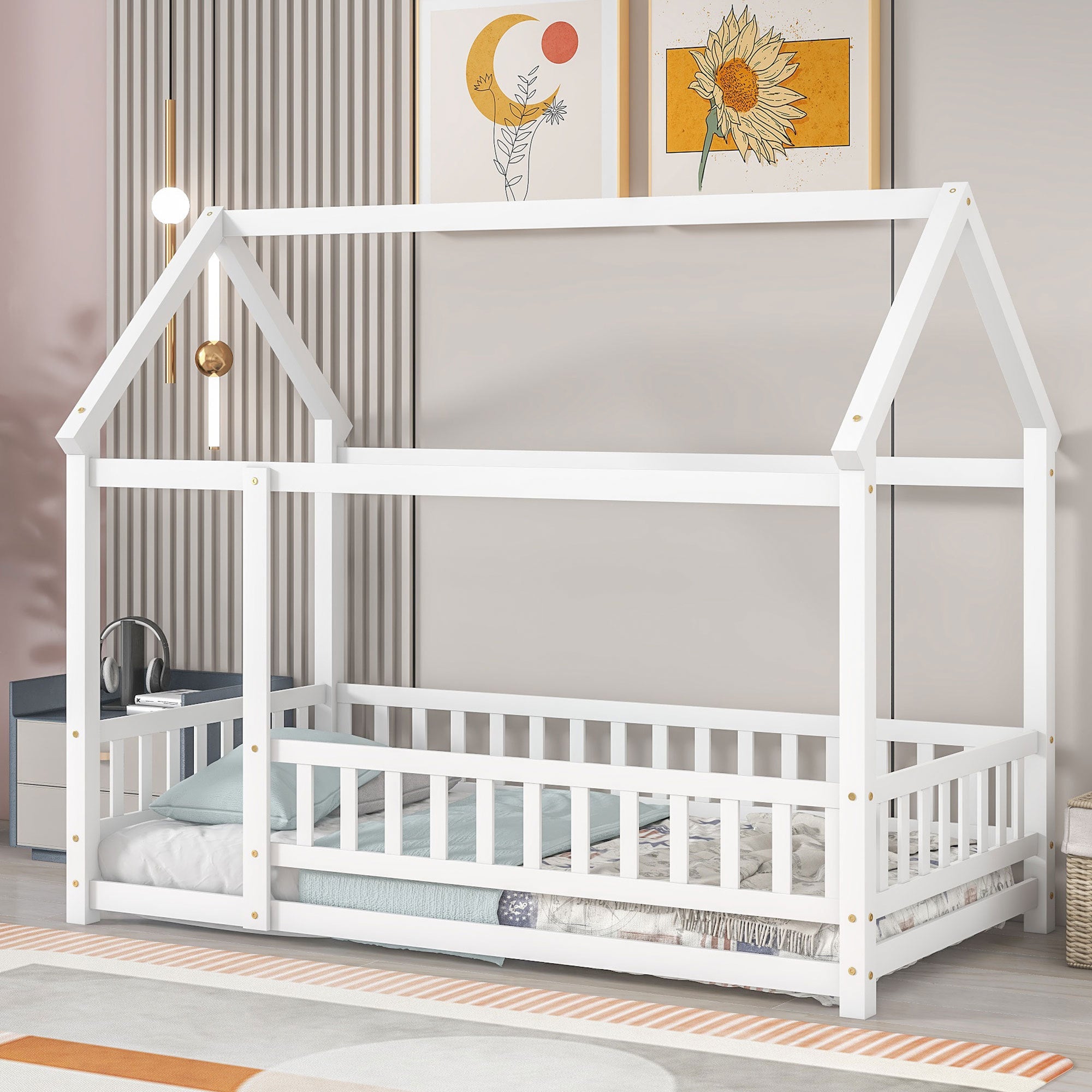 White Twin Size Toddler Floor Wooden Bed with House Roof Frame & Guardrails