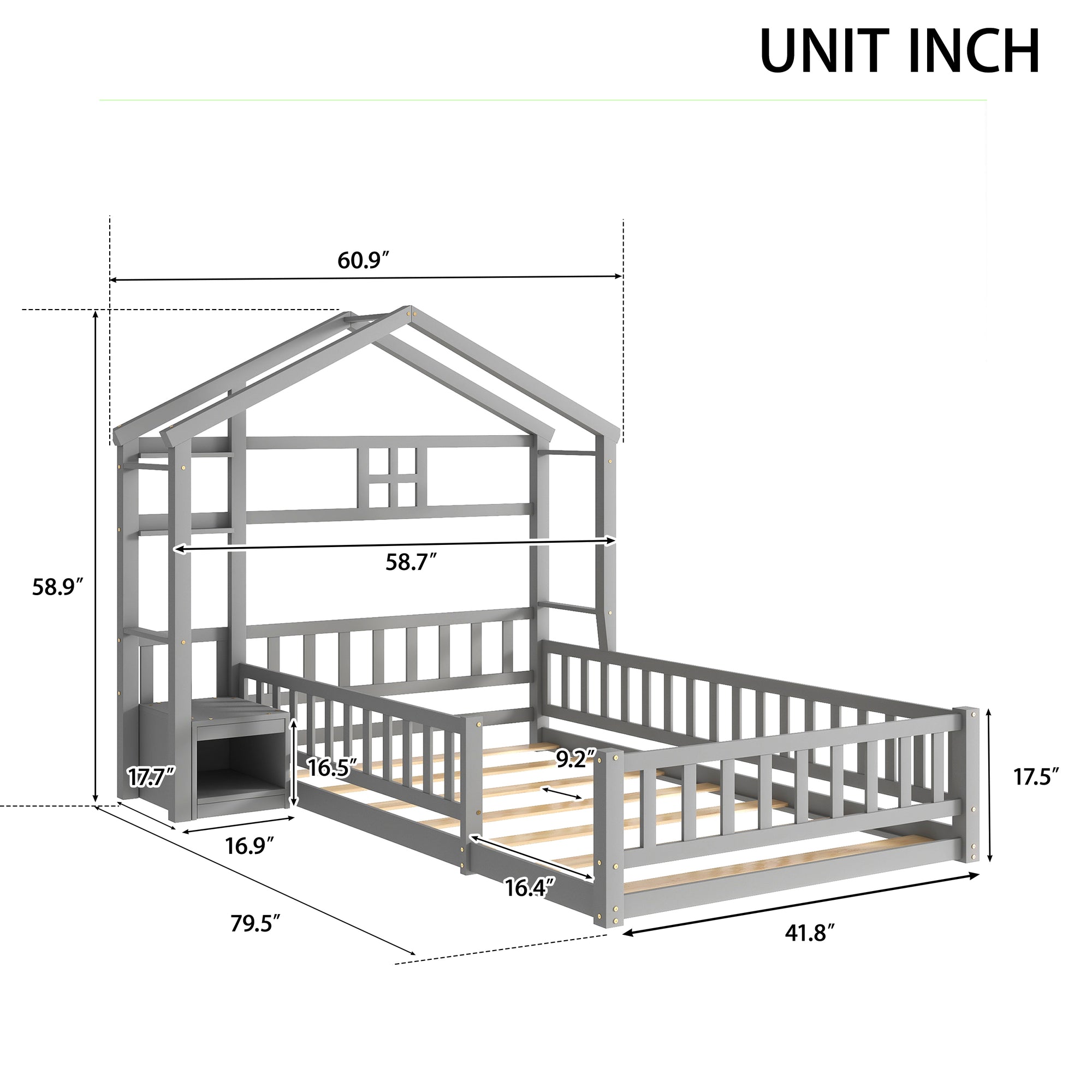 Gray Twin Size House-Style Headboard Toddler Floor Bed with Guardrails and Stand