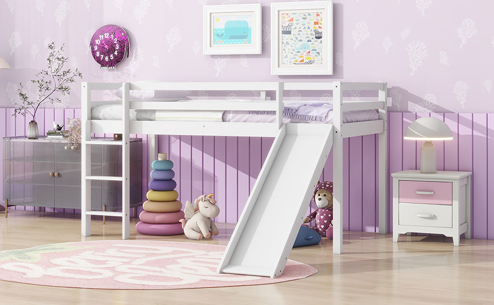 White Twin Low Loft Bed with Slide, Ladder, and Guardrails