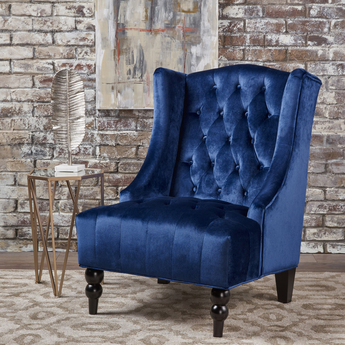 High-Backed Button-Tufted Diamond Stitch Accent Chair Upholstered In Navy Blue Velvet