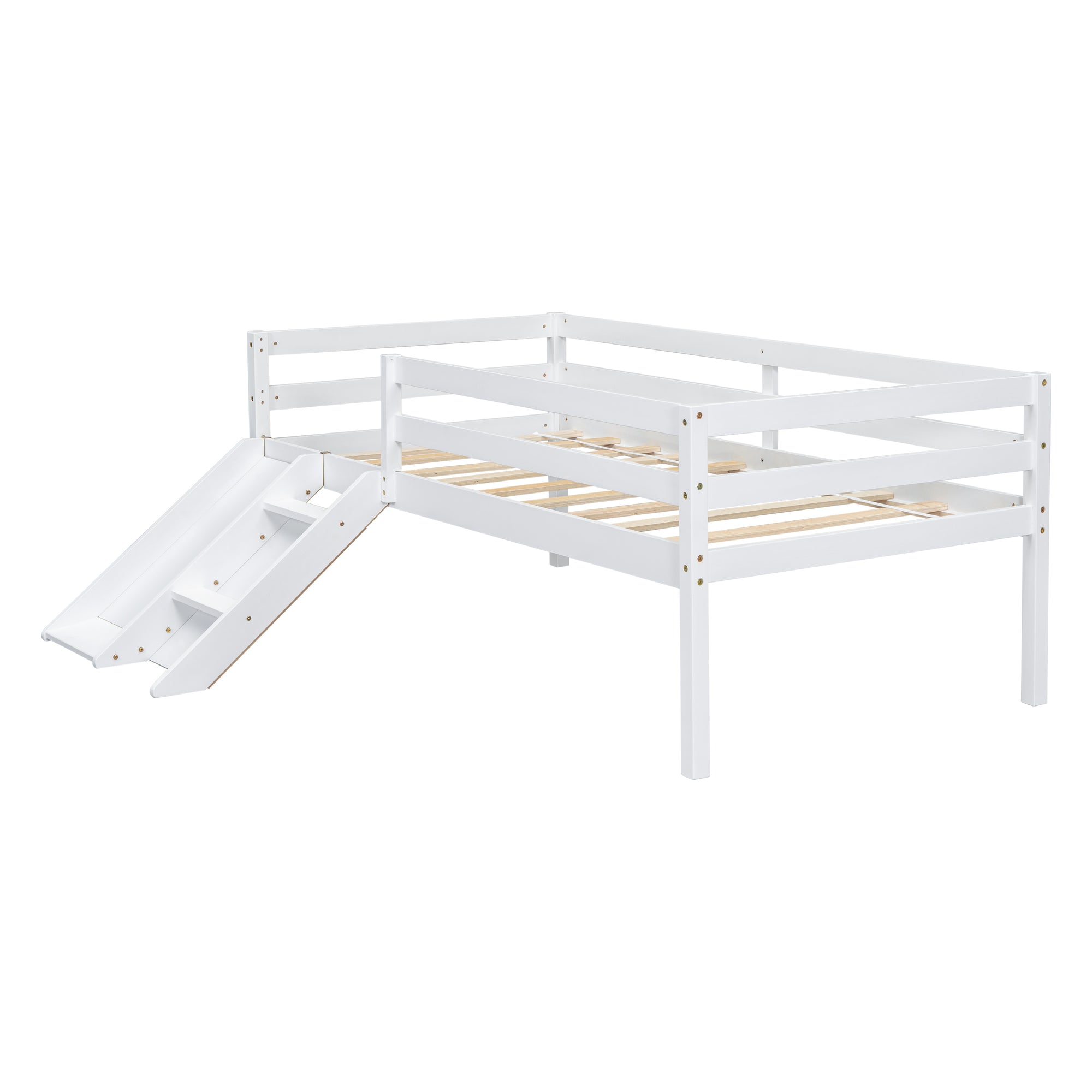 Twin Size Low Loft Bed with Slide, Ladder & Safety Guardrails in White