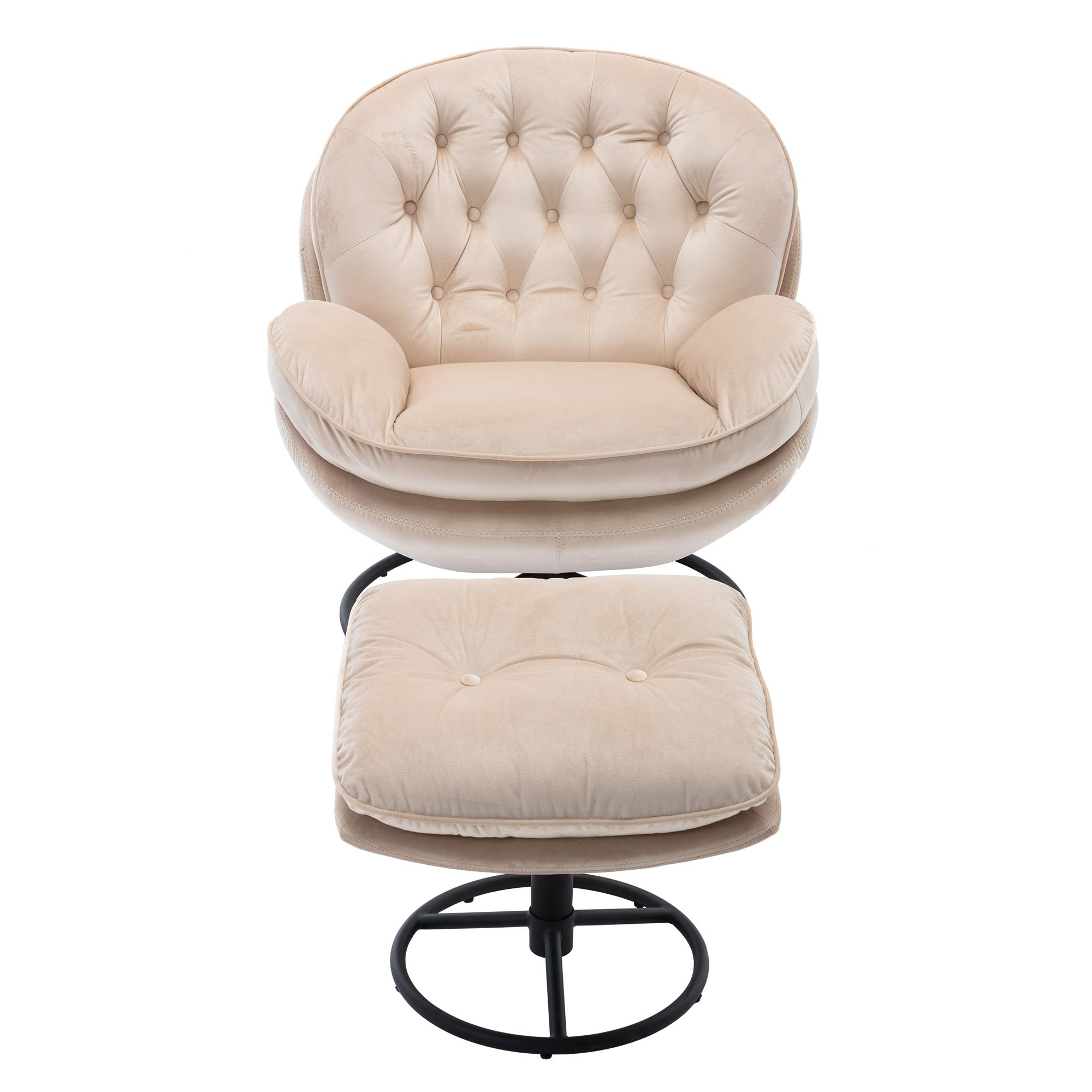 Beige Velvet Accent Chair with Ottoman and Metal Frame