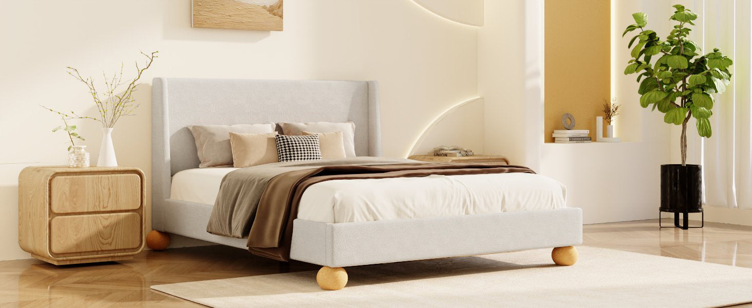 King Beige Upholstered Bed Frame With Wingback Headboard