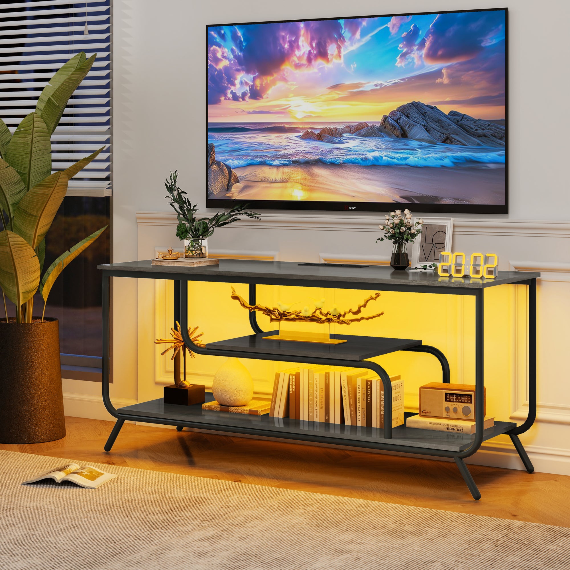 TV Stand with Power Outlets and LED Lights for TVs up to 55 Inch Modern Entertainment Center with Shelves In Light Gray