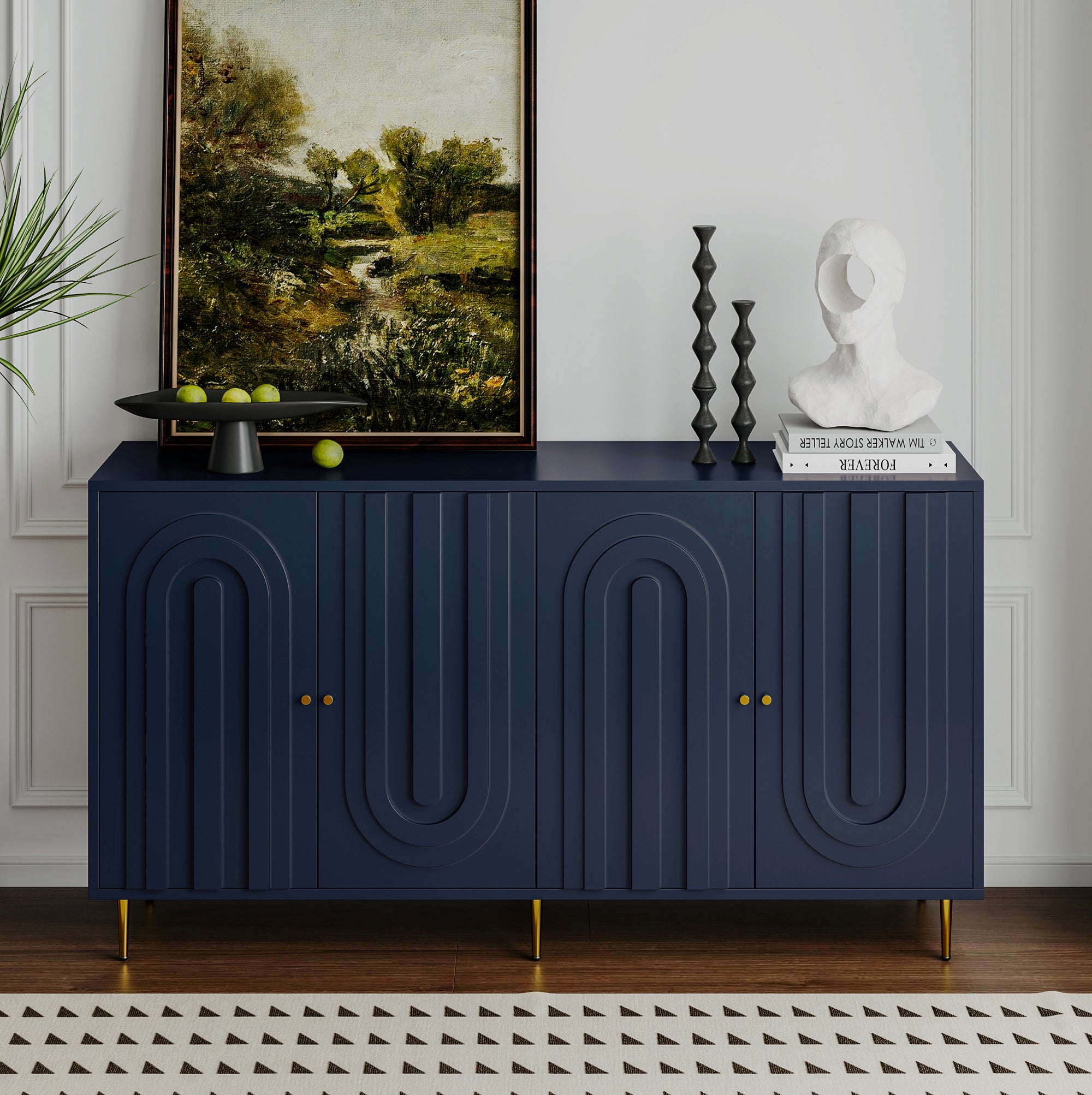 Modern Blue Lacquered 4 Door Wooden Buffet Server Cabinet In Blue