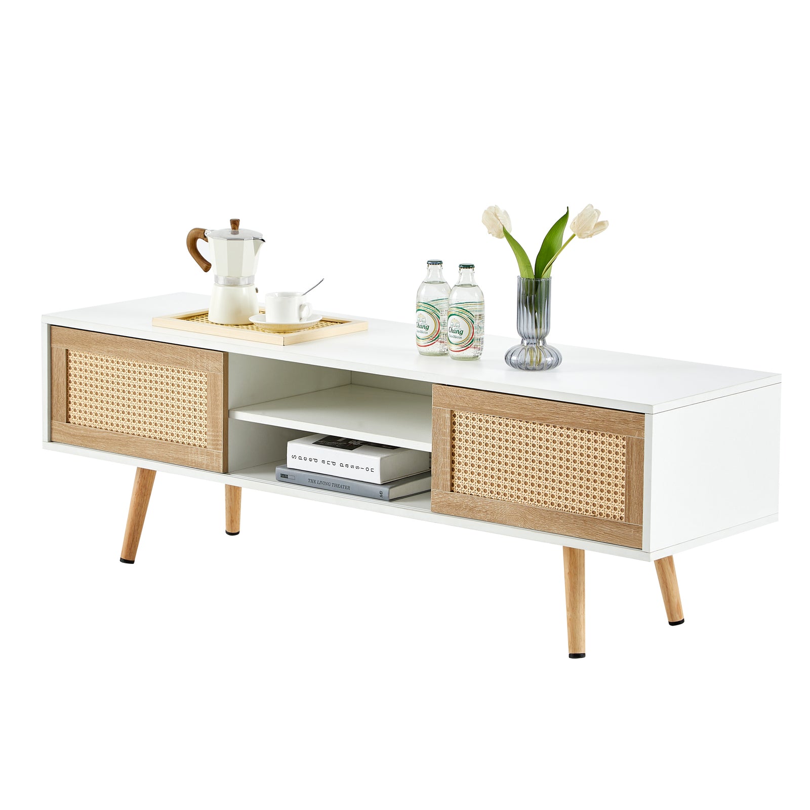 Nøordka Light TV Stand Default 55" White Rattan TV Stand With Double Sliding Doors