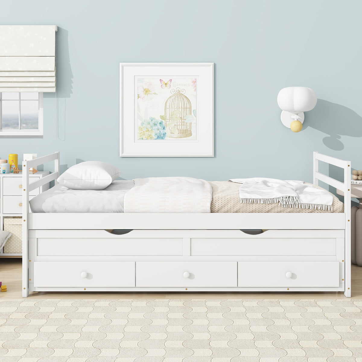 White Pine Twin Size Bed with Headboard, Footboard, Trundle, and Storage Drawers