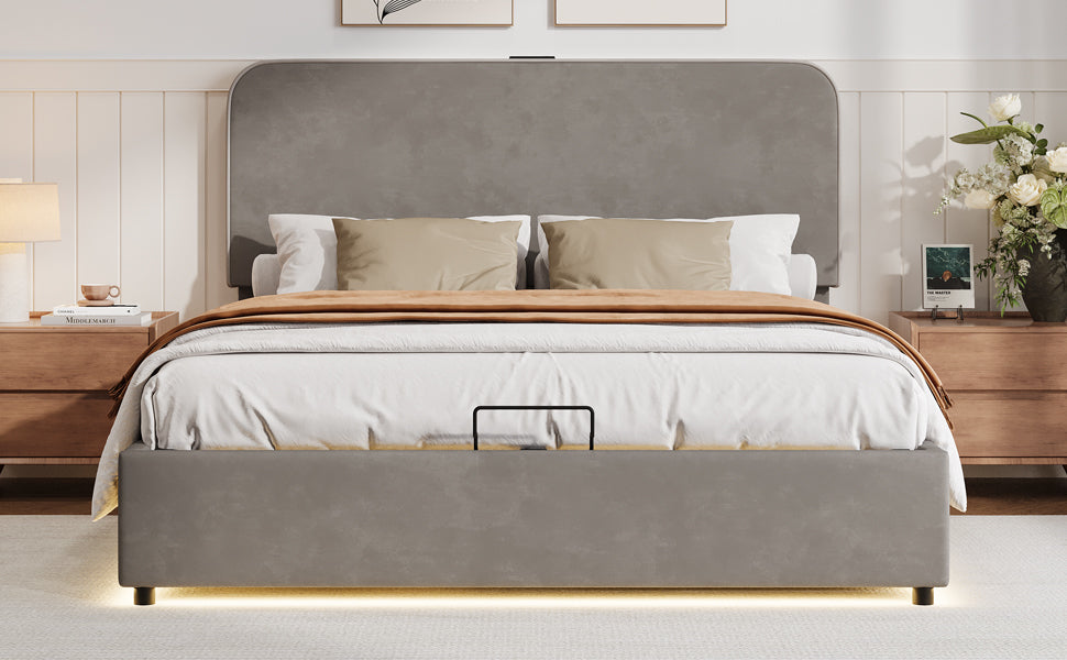 Full Size Bed with Hydraulic Storage, LED Lighting & Built-in Bluetooth Speaker in Gray