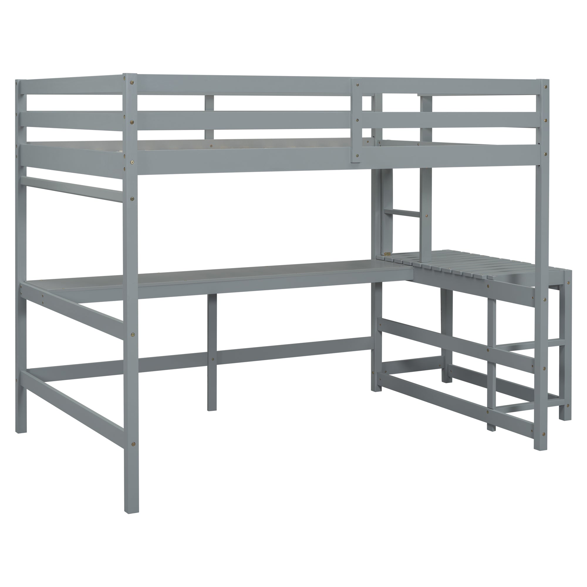 Gray Full Size High Loft Bed with Built-in Desk, Ladder Platform, and Guardrails