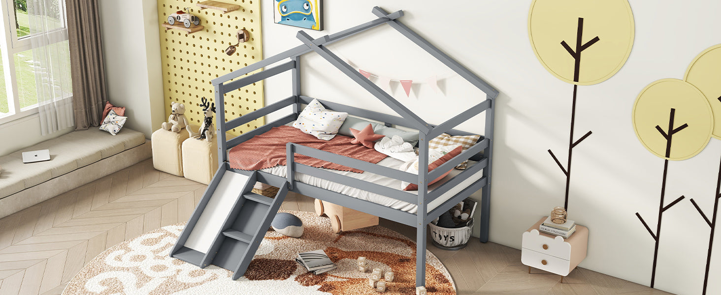 Gray Twin Low Loft House Bed with Slide, Ladder, and Roof Frame